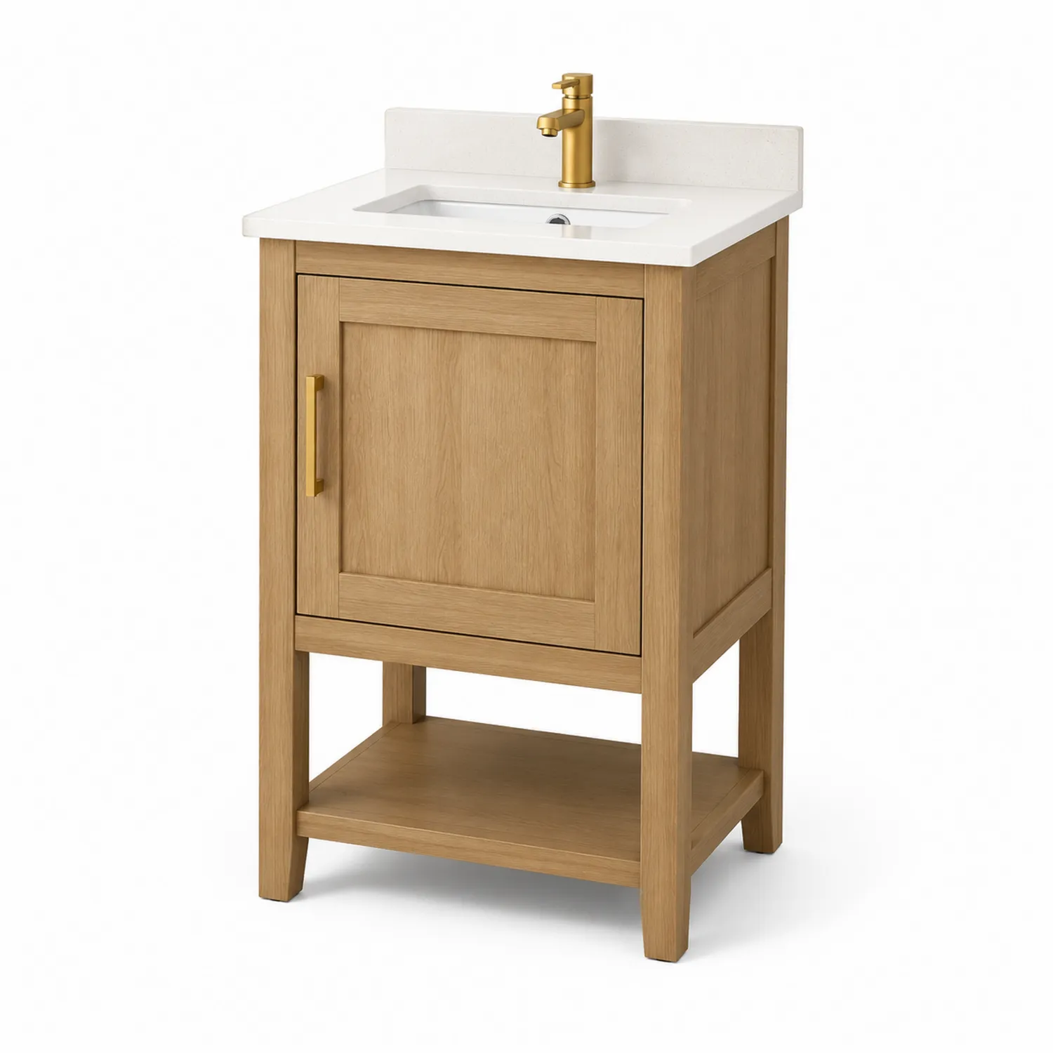 Mueble de madera con lavabo de cerámica y grifo de latón
