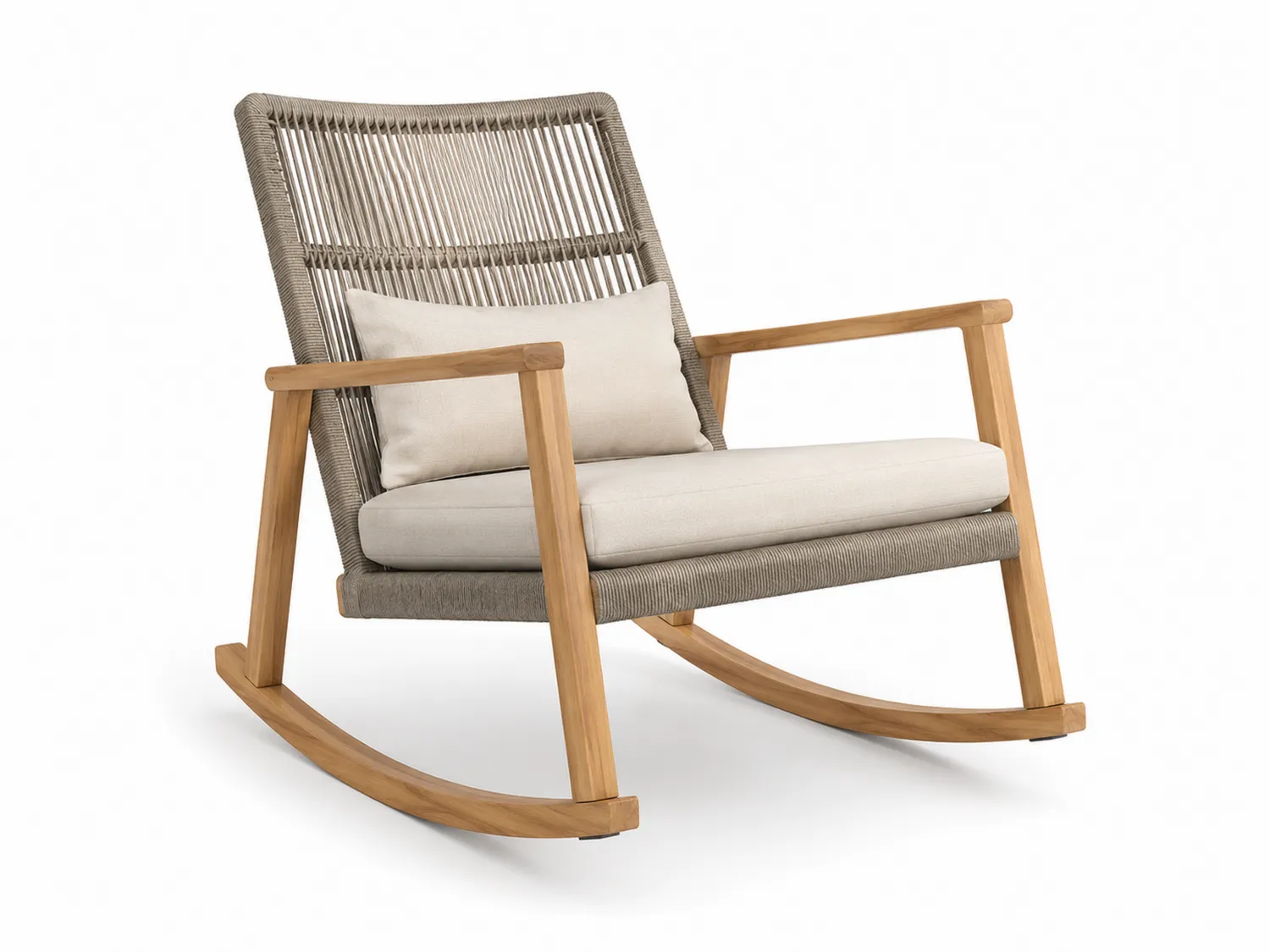 Silla mecedora de madera y cuerda sintética con cojín beige