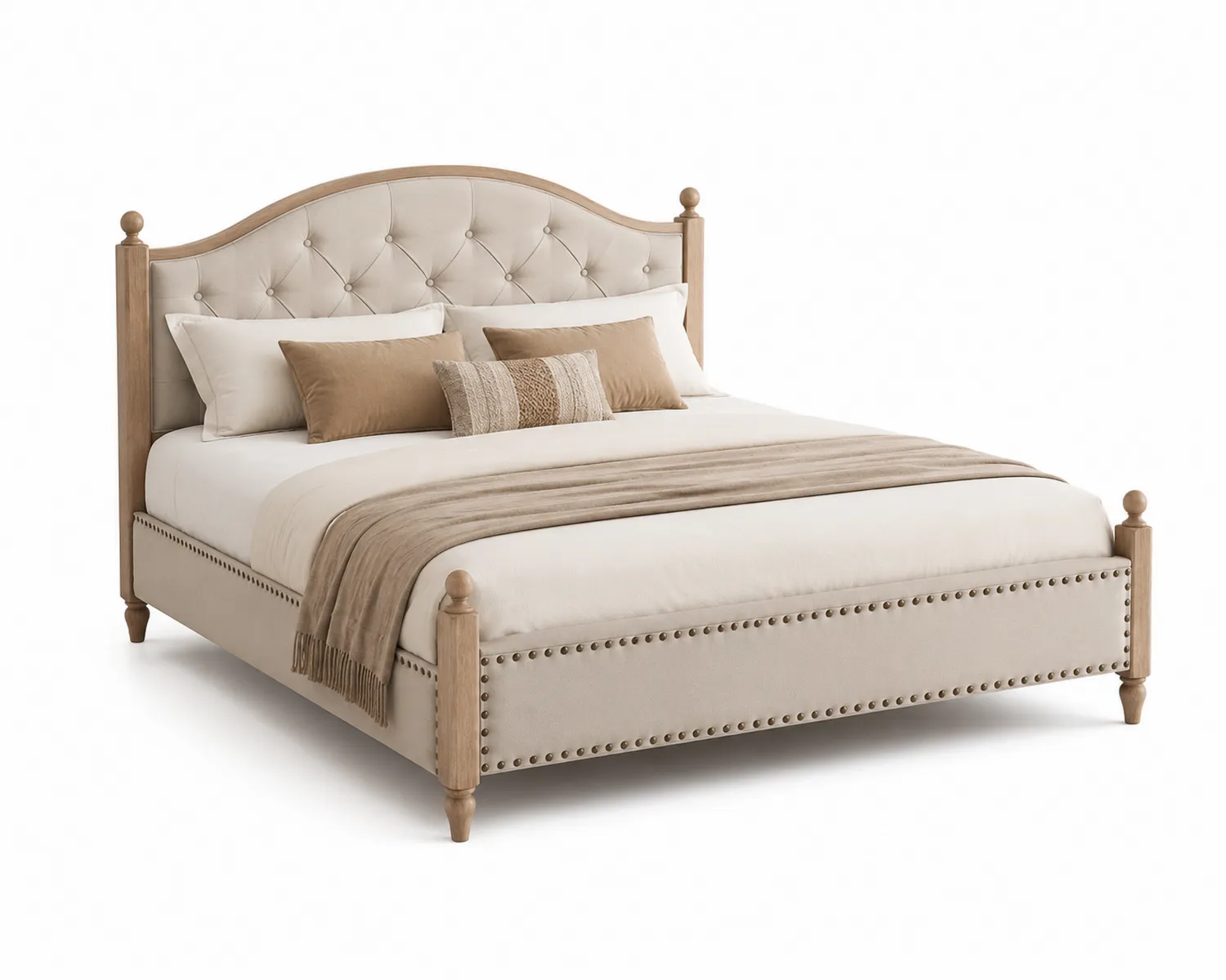 Cama tapizada de lino beige con estructura de madera