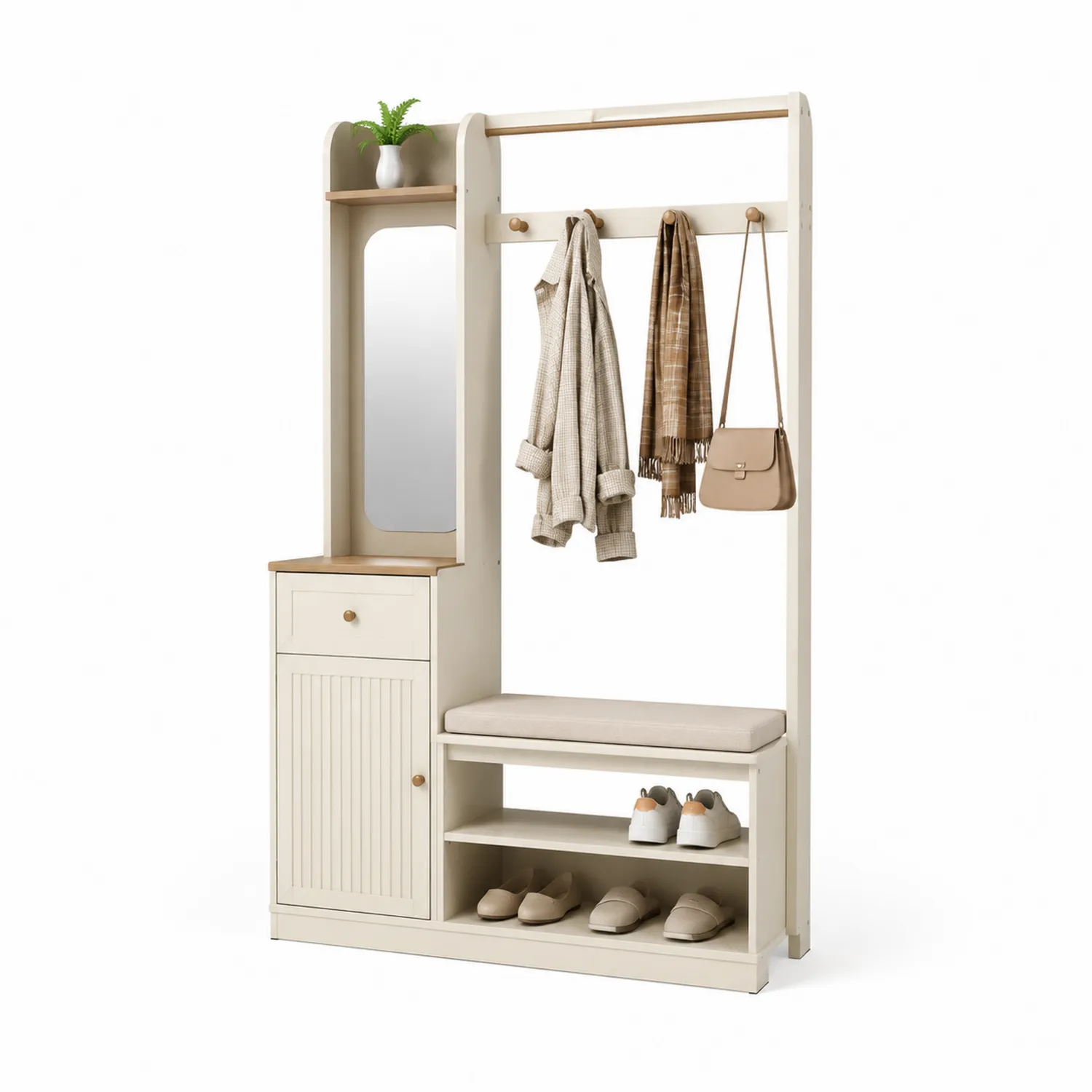Perchero de Madera con Espejo y Banco Tapizado, 85x35x180 cm, Beige
