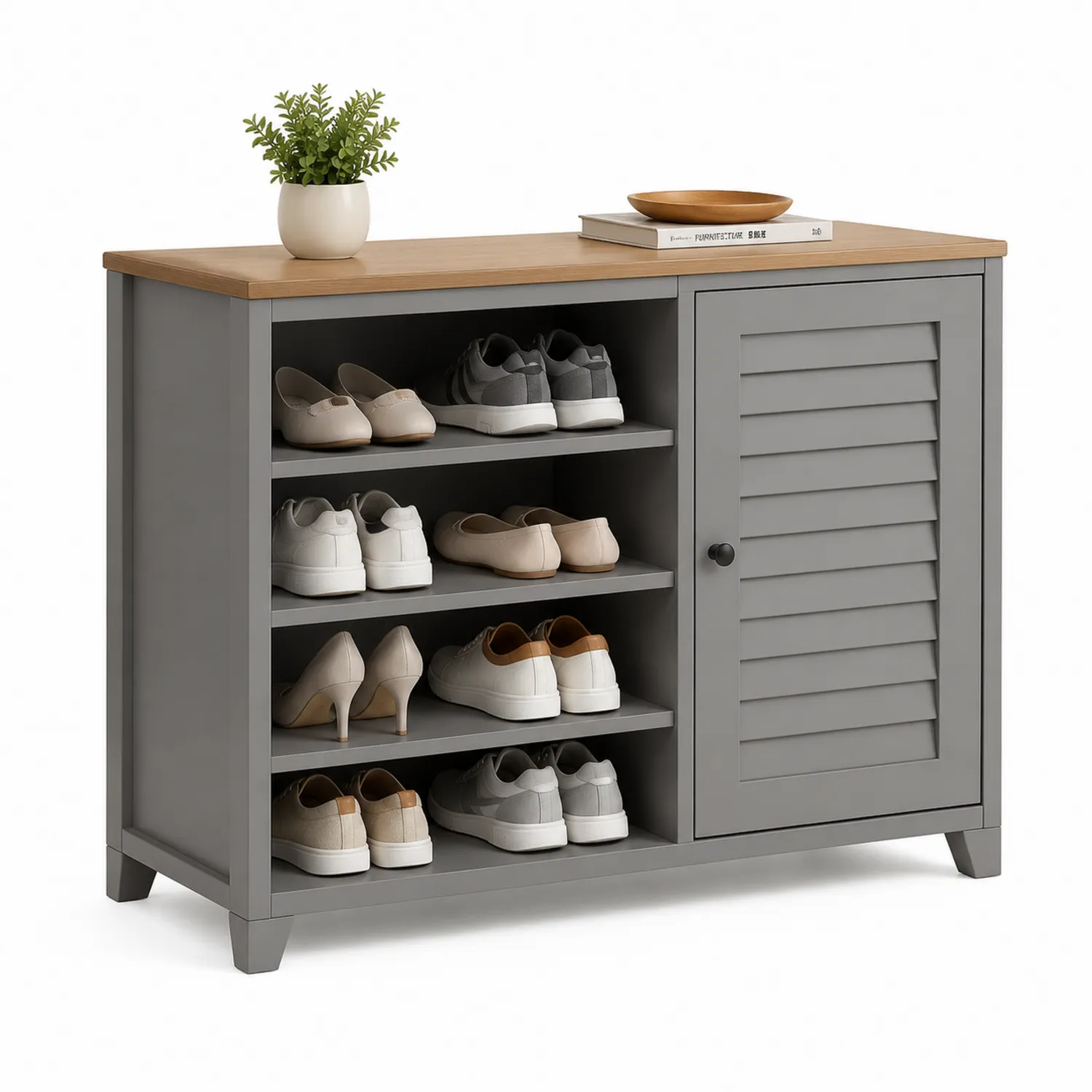 Zapatero de Madera y MDF Gris con Puerta de Persiana