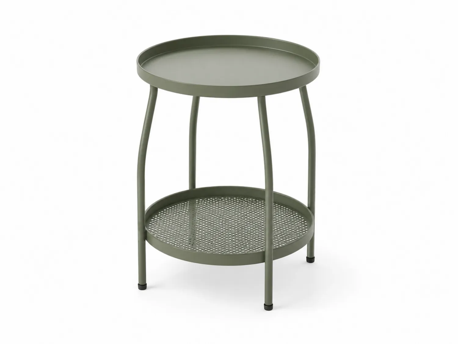 Mesa auxiliar redonda de metal verde con estante inferior
