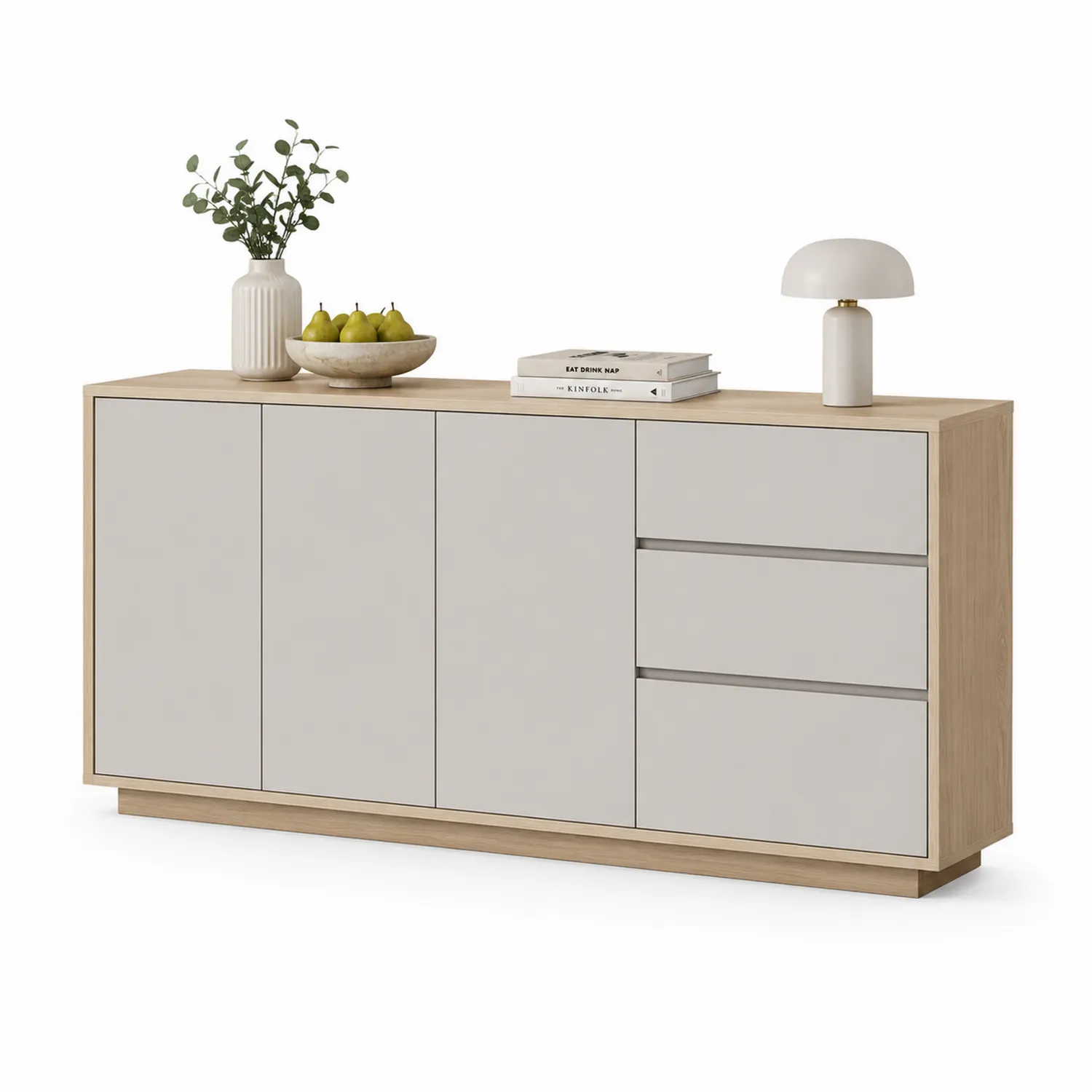 Aparador de madera MDF y chapa de roble con puertas y cajones 160x40x80 cm Beige
