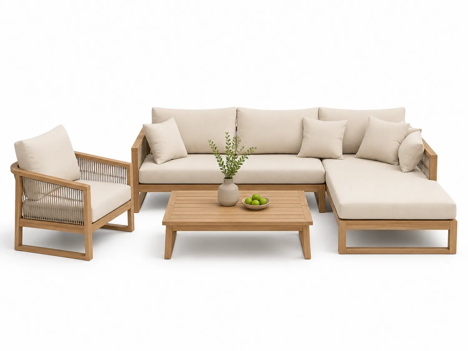 Set de sofás de jardín en madera de teca con cojines crema