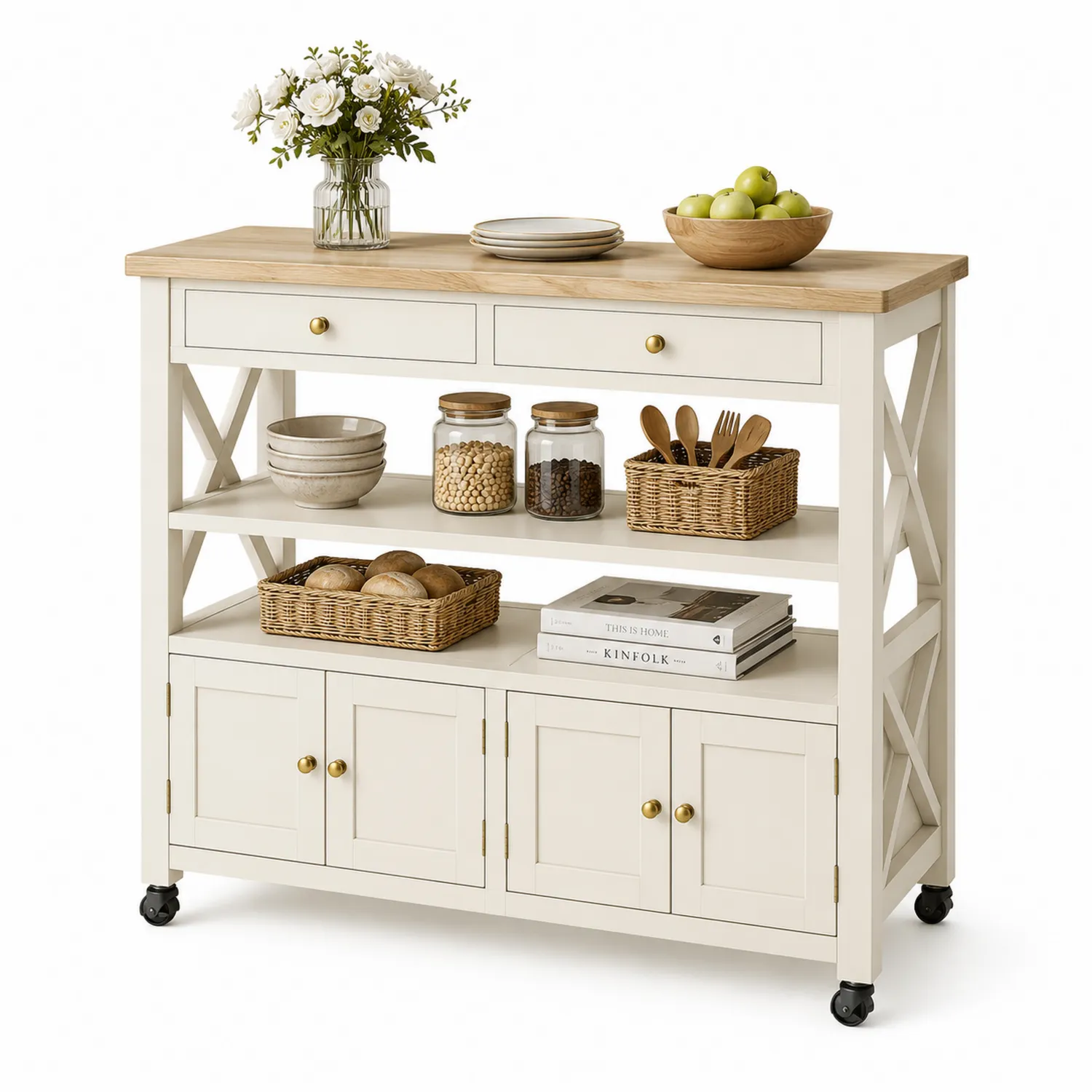 Aparador de Madera con Estantes y Ruedas Blanco y Beige