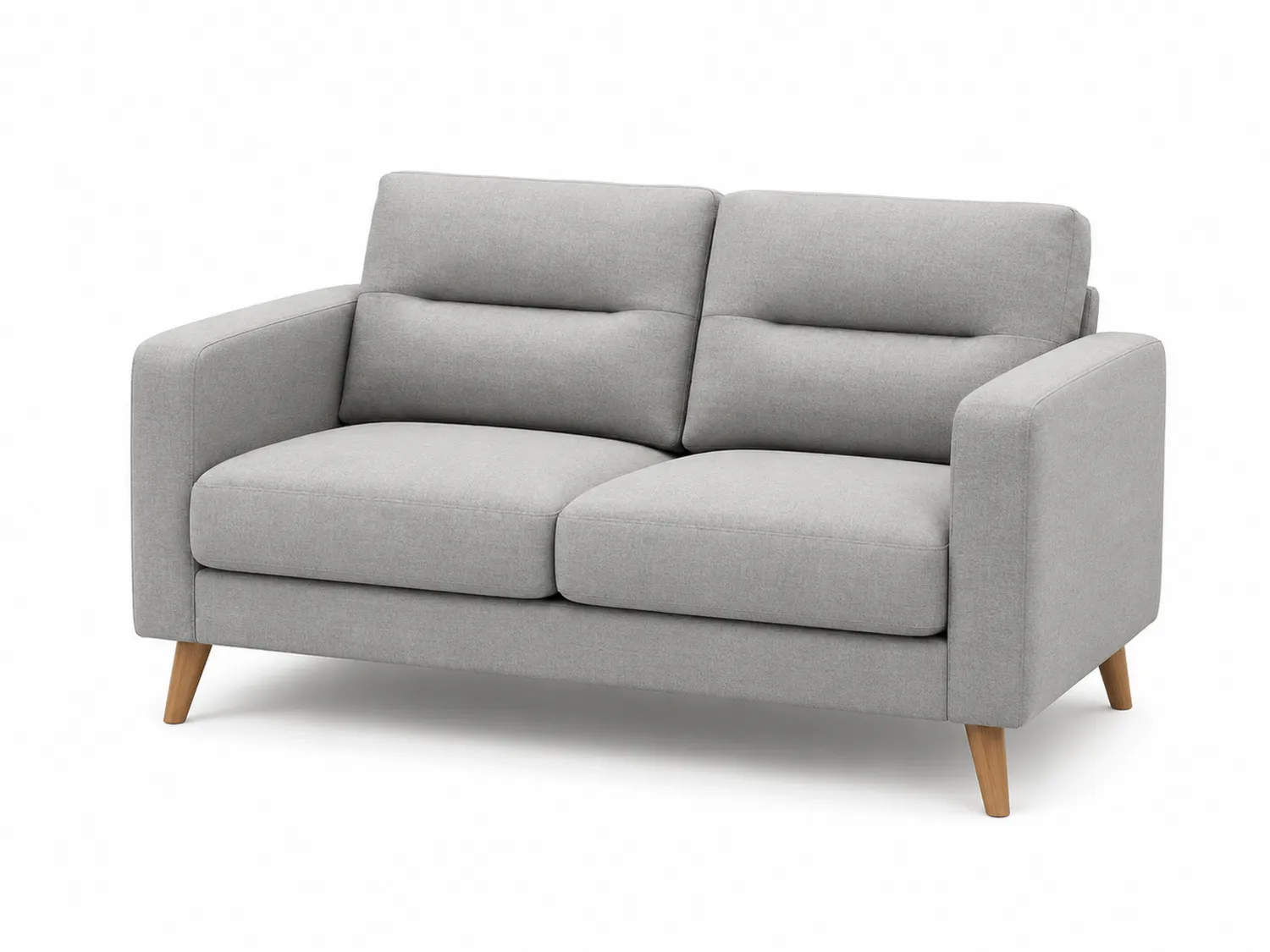 Sofá de dos plazas de tela gris claro con patas de madera