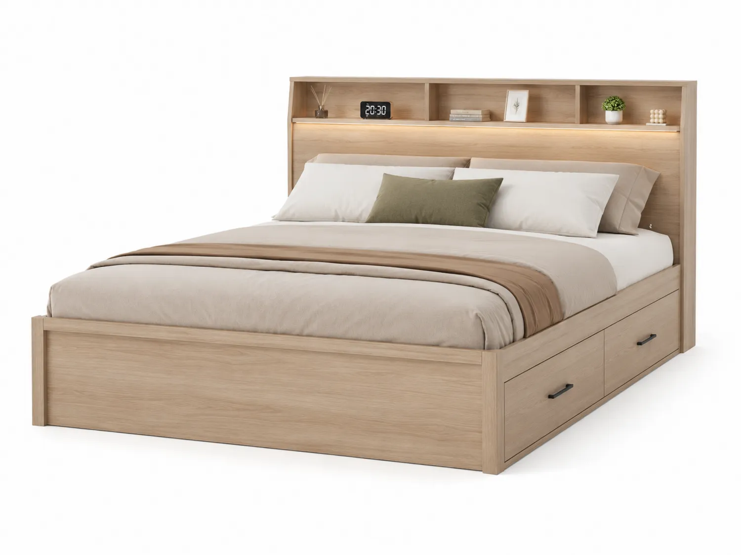 Cama de Madera con Almacenamiento y Cabecero Estantería 200x160 cm Beige
