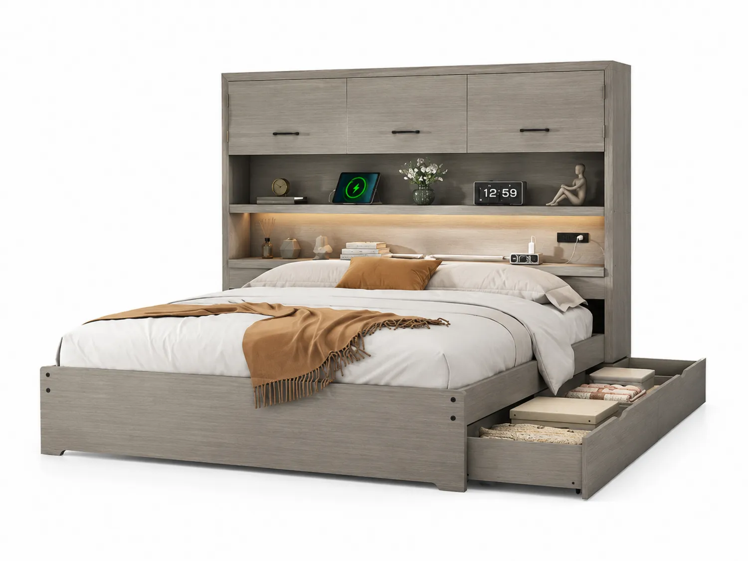 Cama de madera con almacenamiento y cabecero 200x160 cm