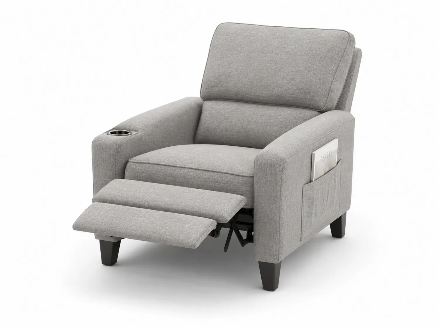Sillón reclinable de tela con portavasos y bolsillo