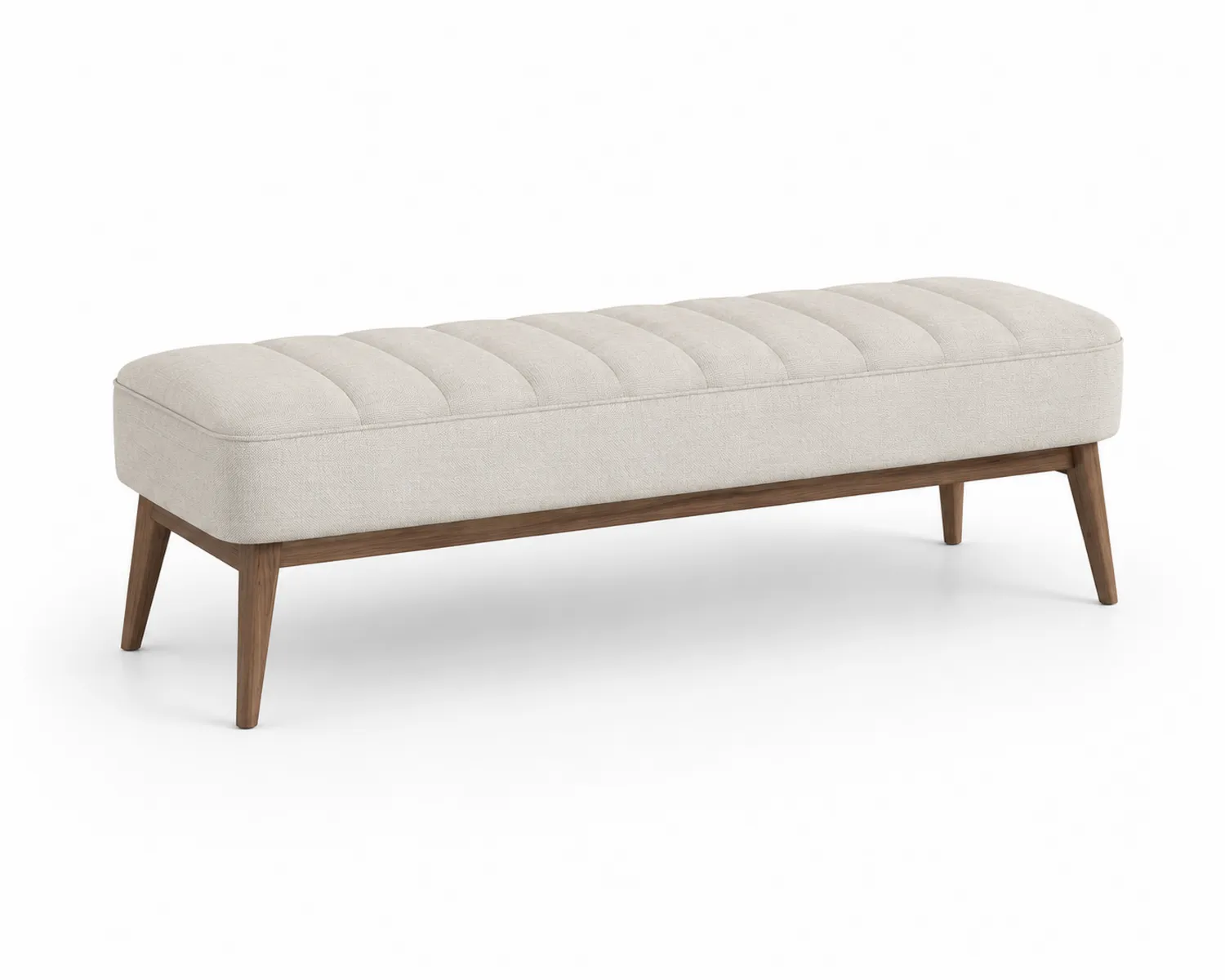 Banco de tela beige con patas de madera