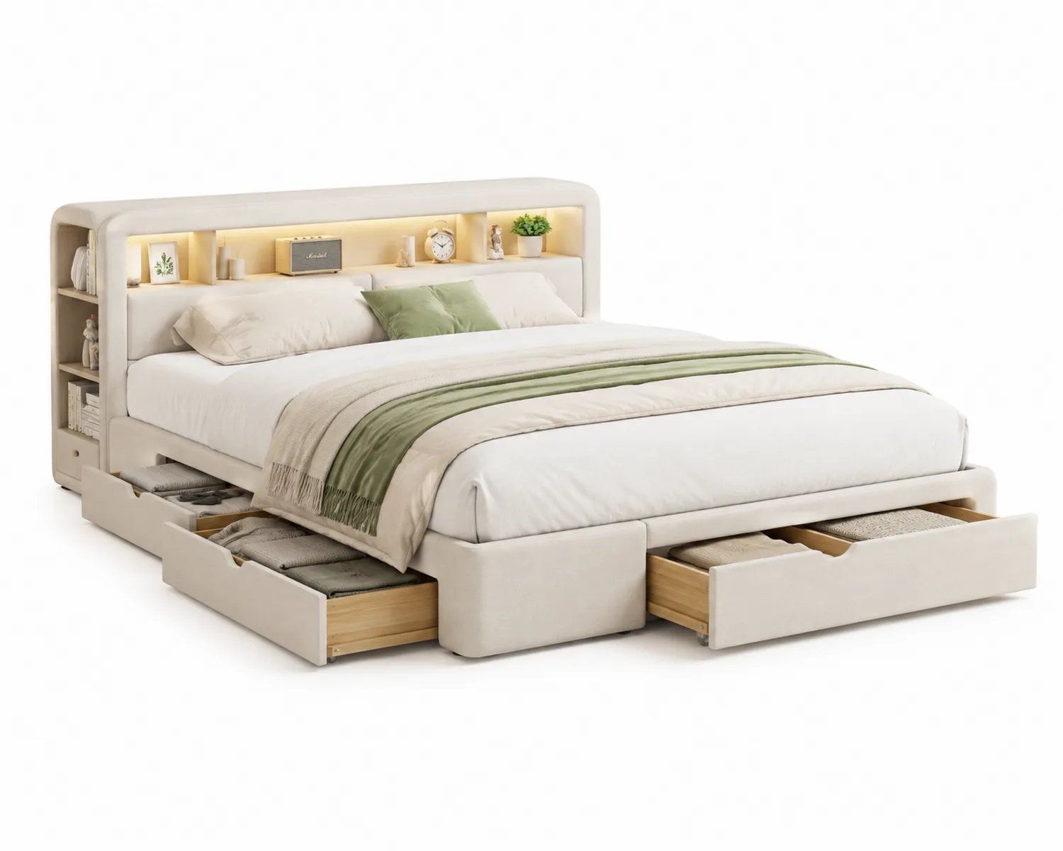 Cama de madera y tela beige con almacenamiento y cabecero estantería 200x160 cm