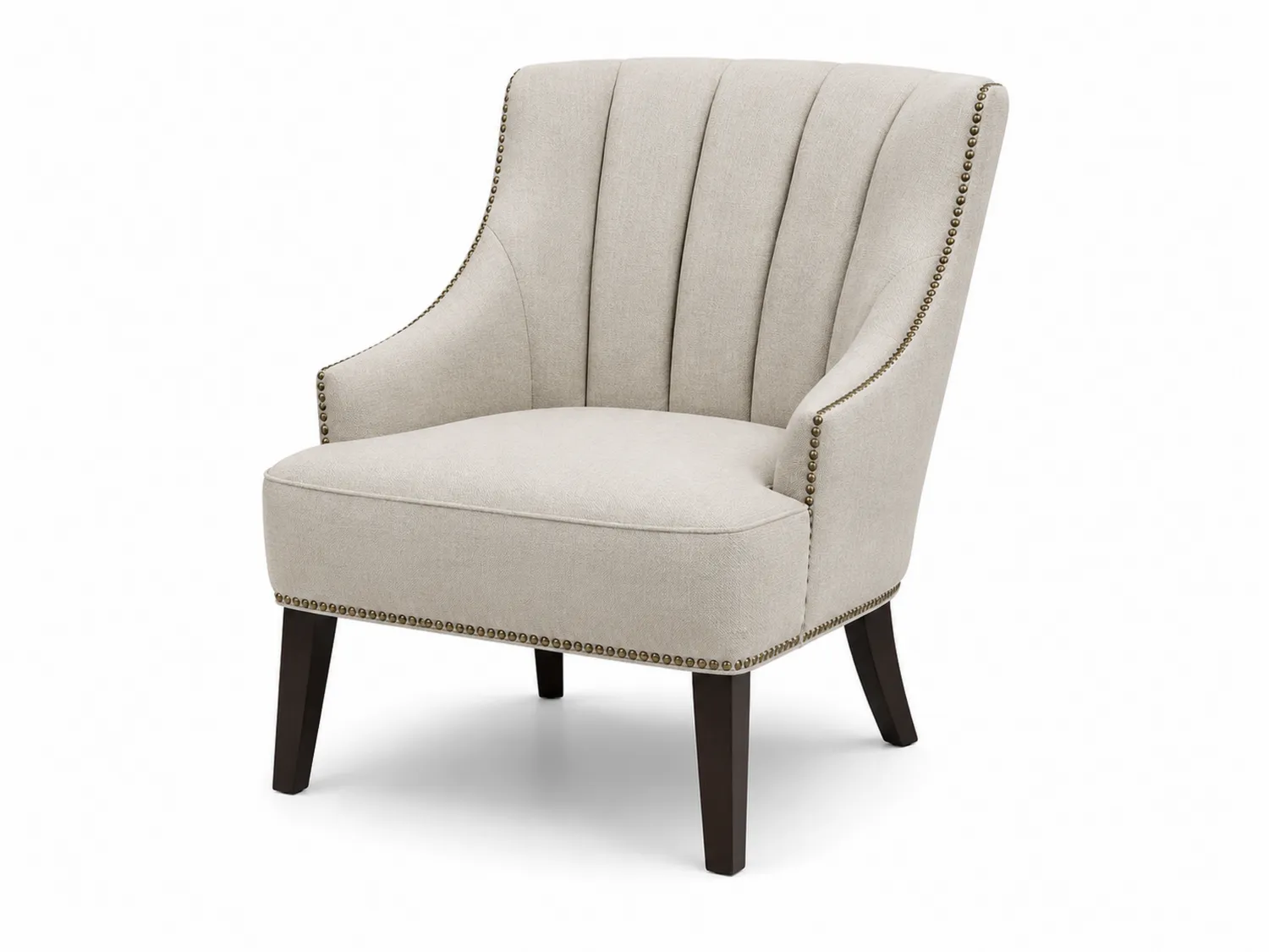 Silla de tela de poliéster beige con patas de madera y detalles metálicos