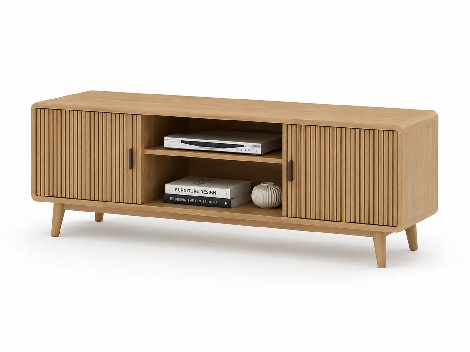 Mueble de TV de madera de roble claro con puertas correderas