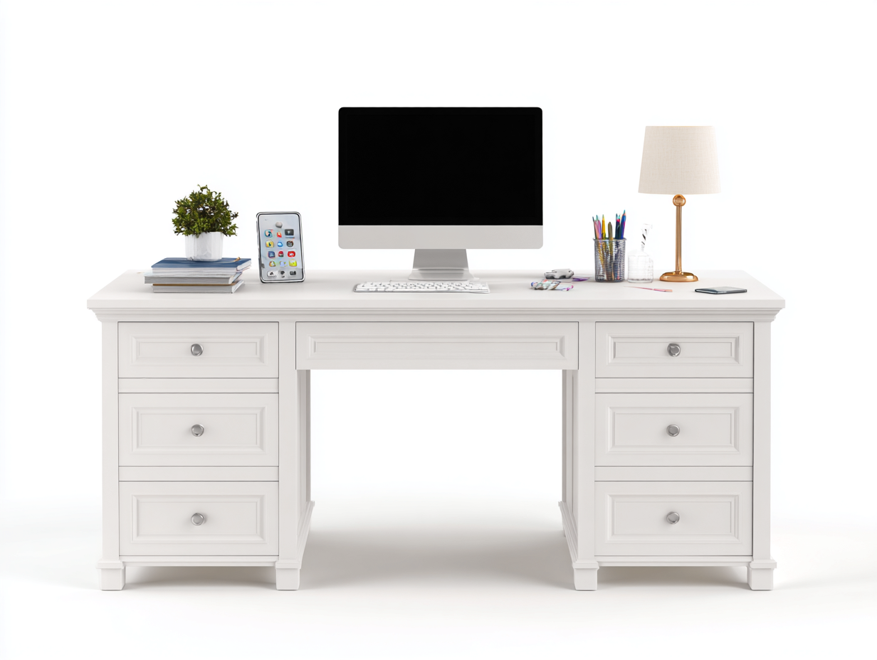 Mesas de oficina madera 140x60x75 cm blanco - escritorio con 7 cajones - diseño clásico-Soloialoft