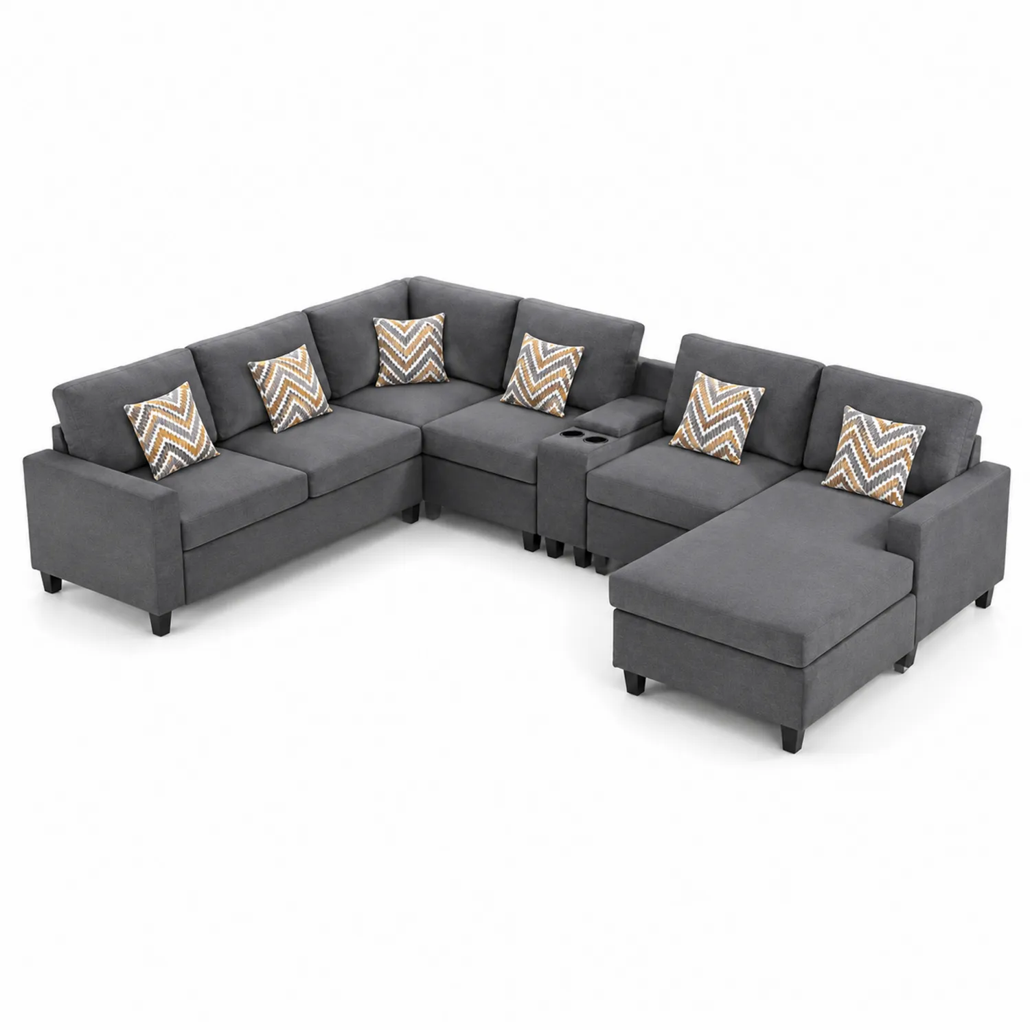Sofá modular de tela gris con chaise longue y cojines decorativos