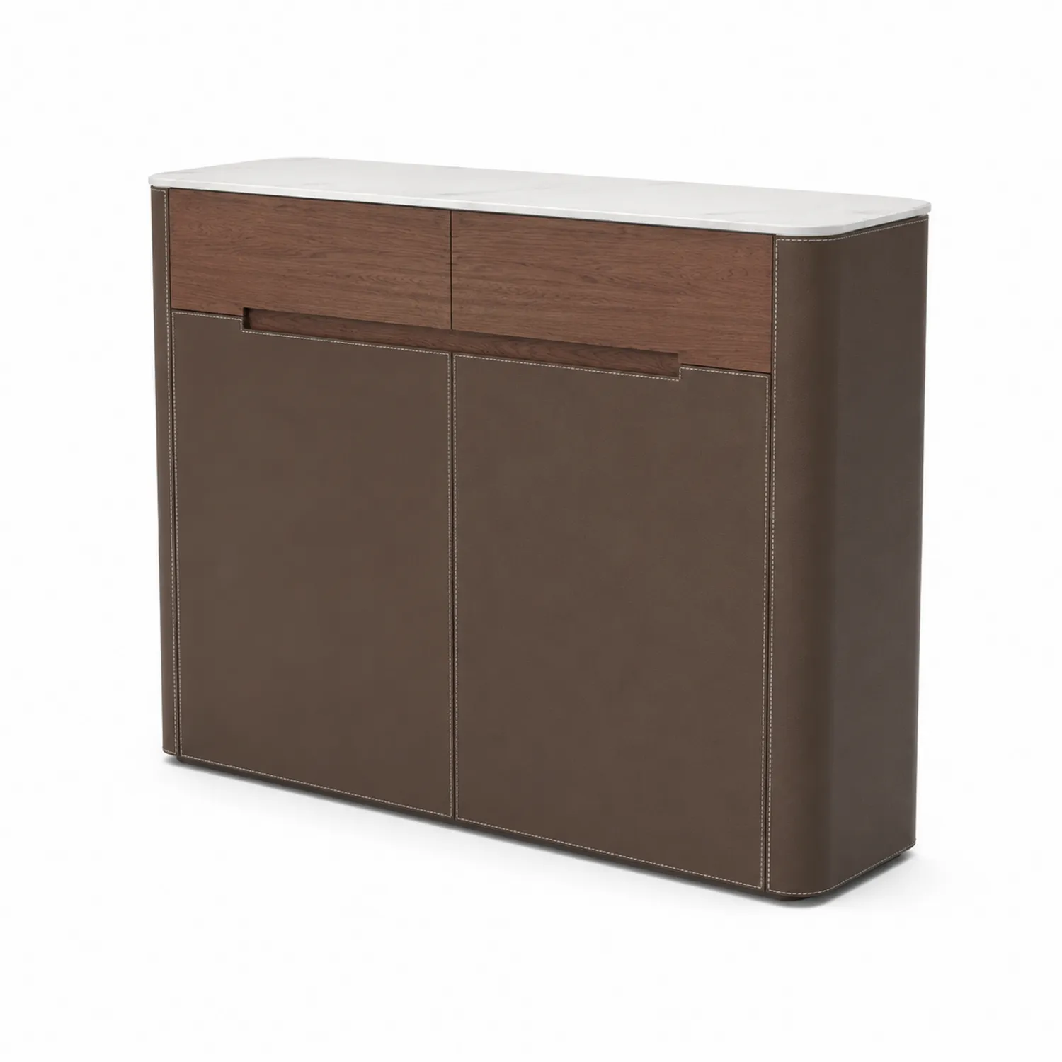 Mueble de entrada de madera y cuero sintético con superficie de mármol