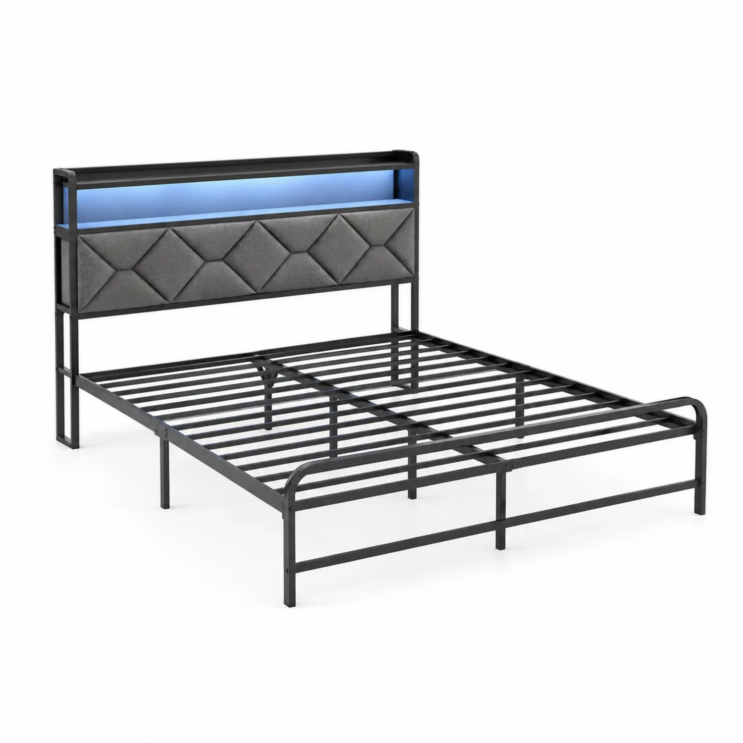 Cama de metal con cabecero tapizado y LED 200x150 cm Gris