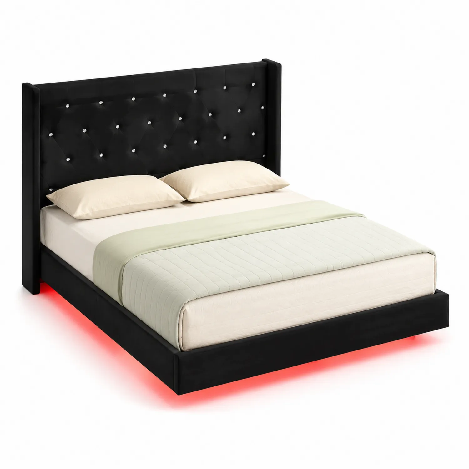 Cama de madera tapizada con cabecero capitoné negro y luz LED, 200x160 cm