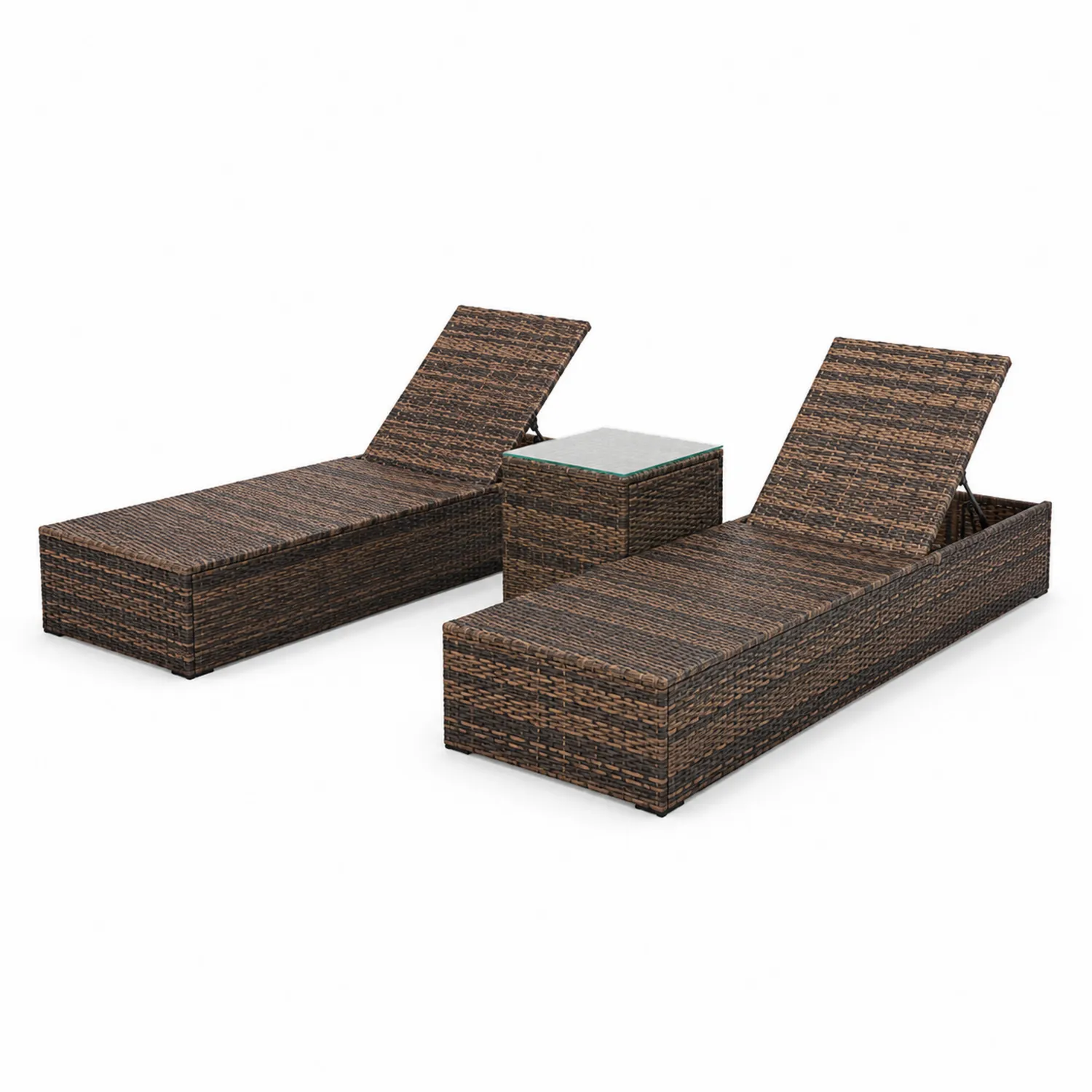 Conjunto de Tumbonas de Ratán y Mesa de Vidrio Templado Marrón