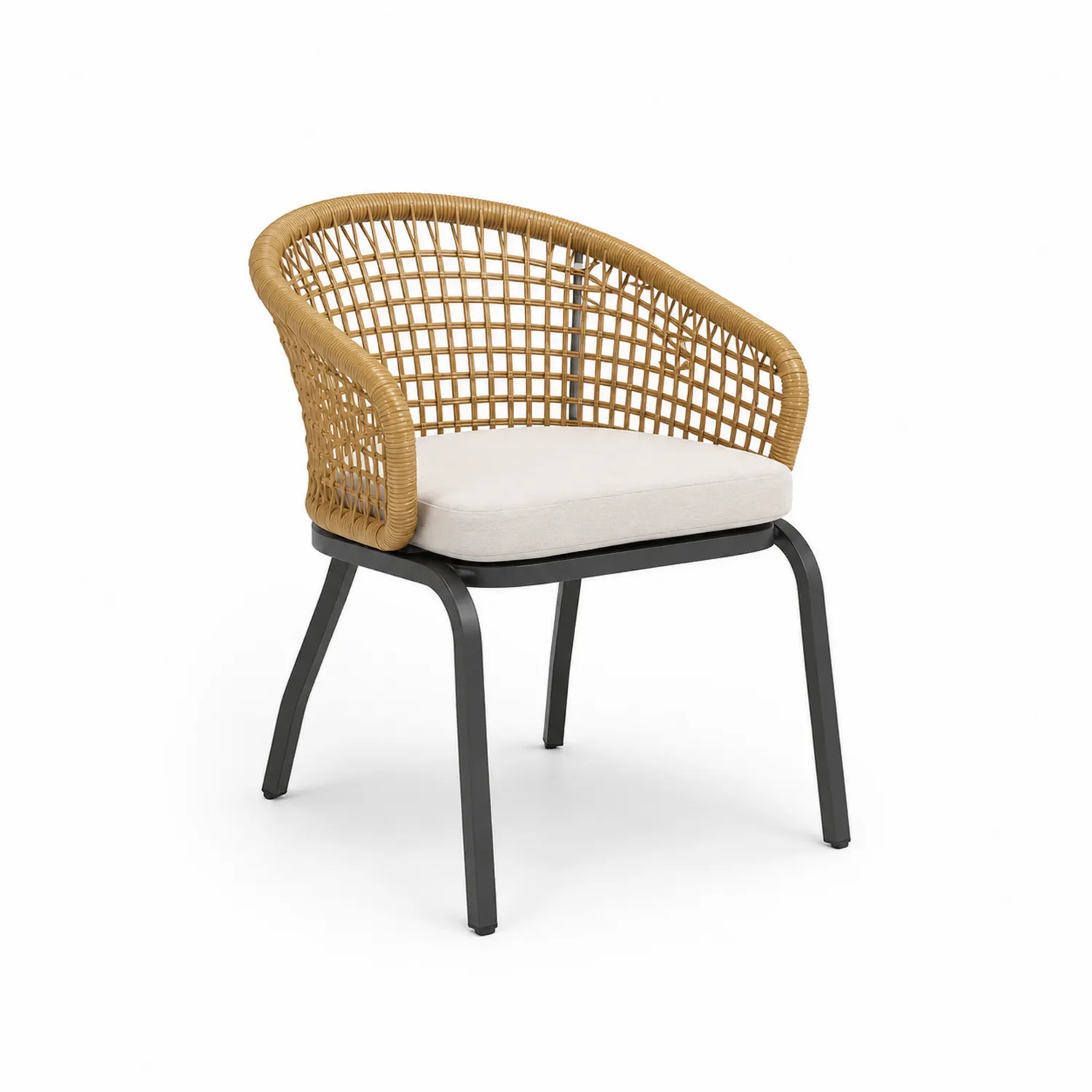 Silla de ratán sintético con estructura de acero y cojín de poliéster, Beige