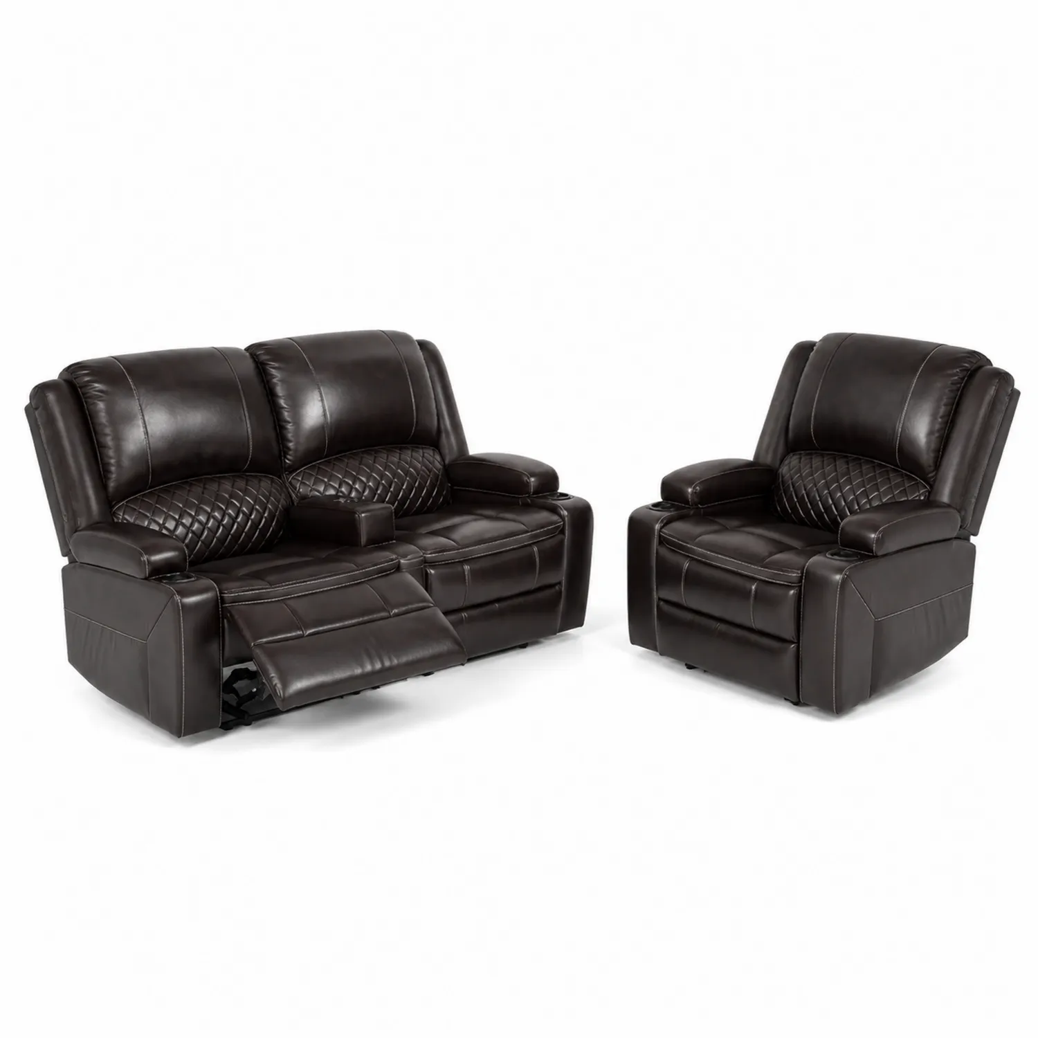 Conjunto de sofás reclinables de cuero sintético marrón oscuro