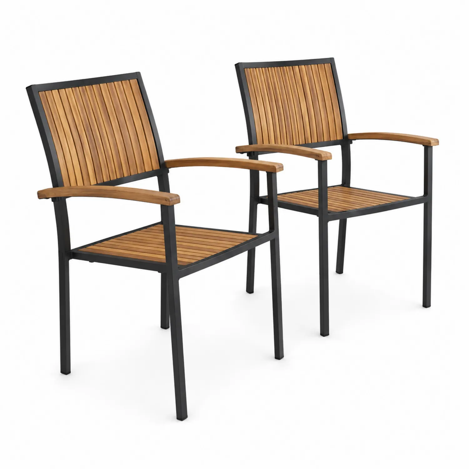 Conjunto de 2 sillas de aluminio y madera de teca para exterior, Marrón/Negro