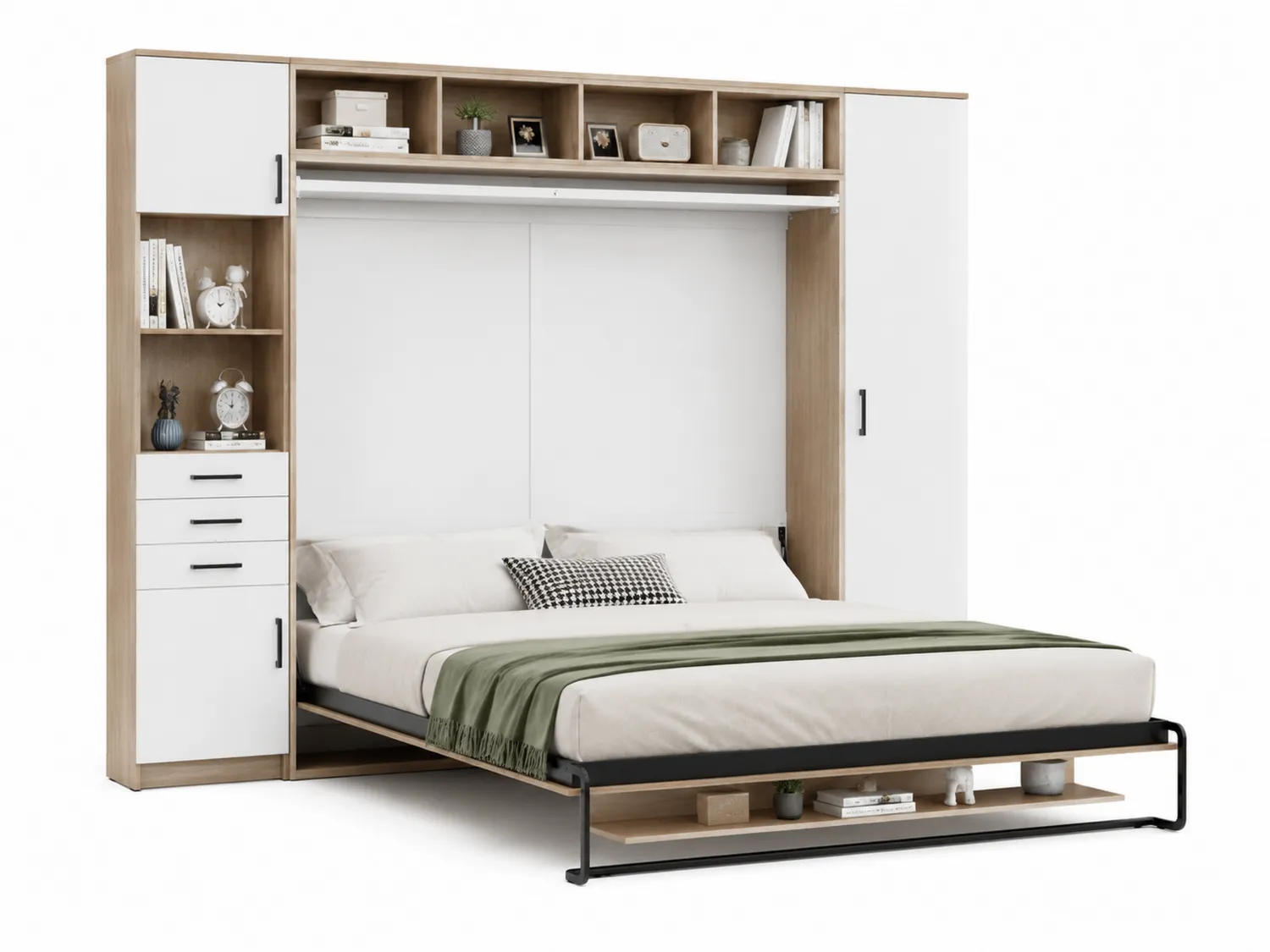 Cama abatible de madera y metal con almacenamiento Blanco/Roble-eltidorin