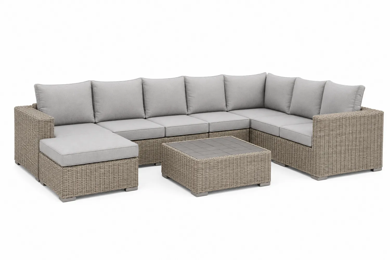 Sofá modular de ratán sintético gris con mesa auxiliar y cojines de poliéster-eltidorin