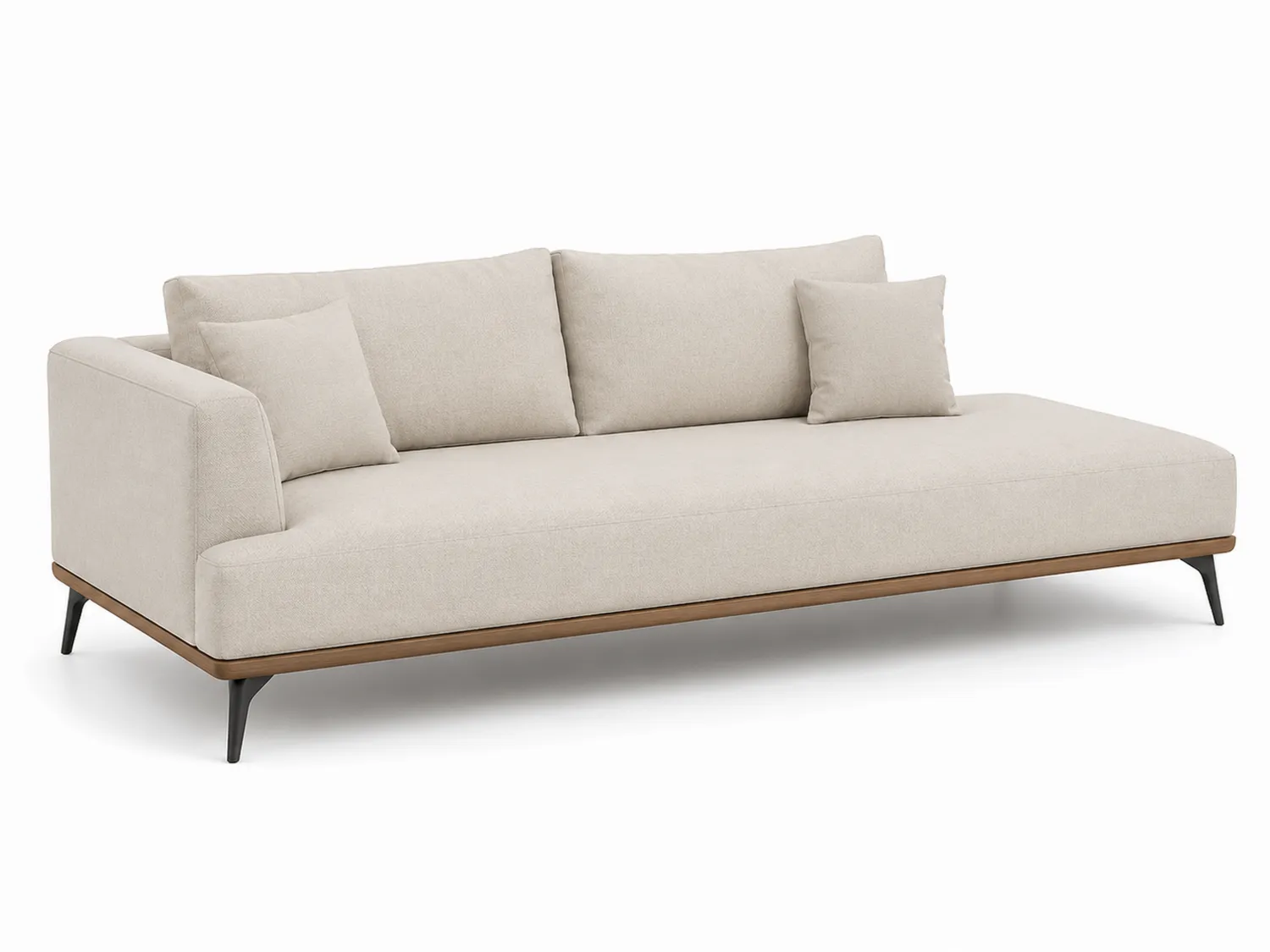 Sofá de tres plazas lino beige con estructura de madera y patas de metal-eltidorin