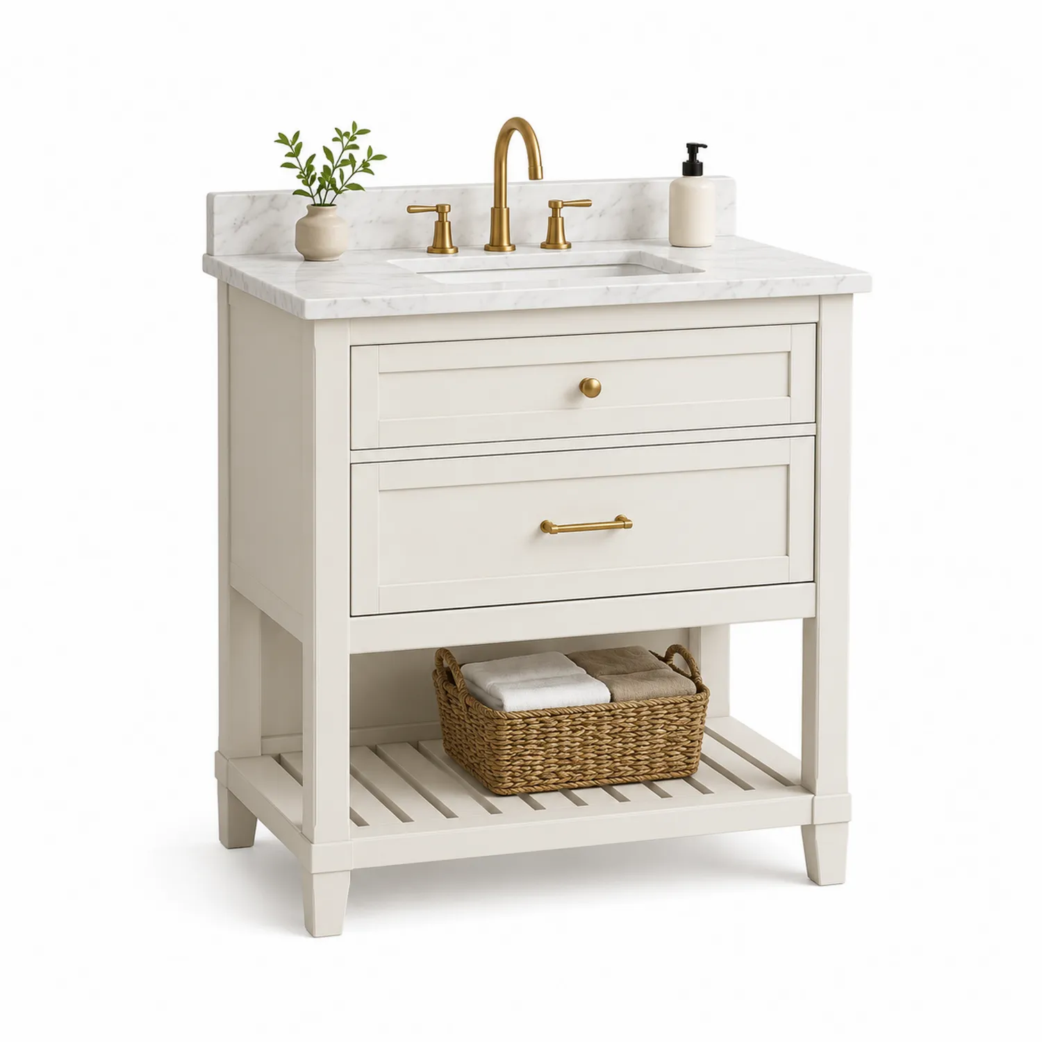 Mueble de lavabo de madera y mármol con grifos de latón-eltidorin