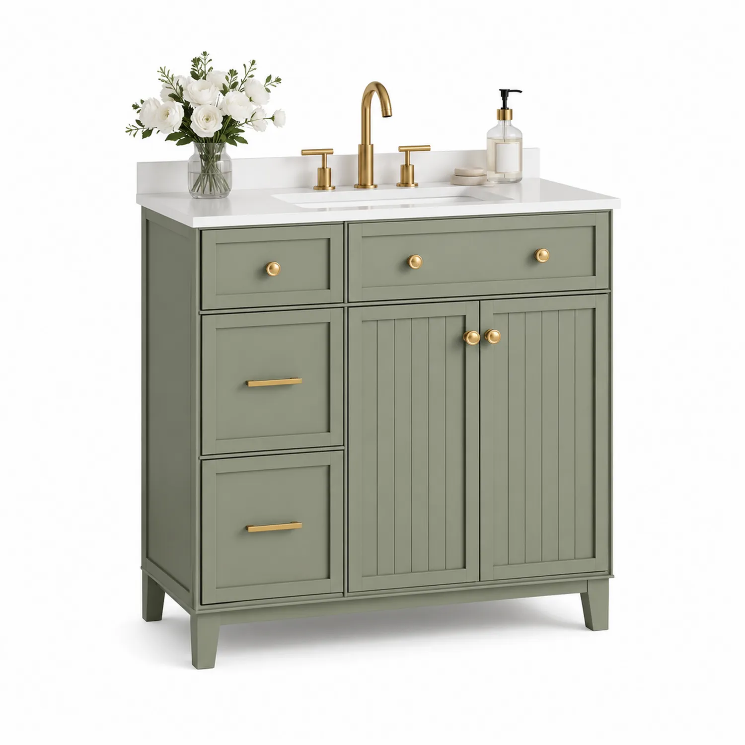 Mueble de Baño de Madera con Lavabo de Cerámica Verde con Grifería Dorada-eltidorin