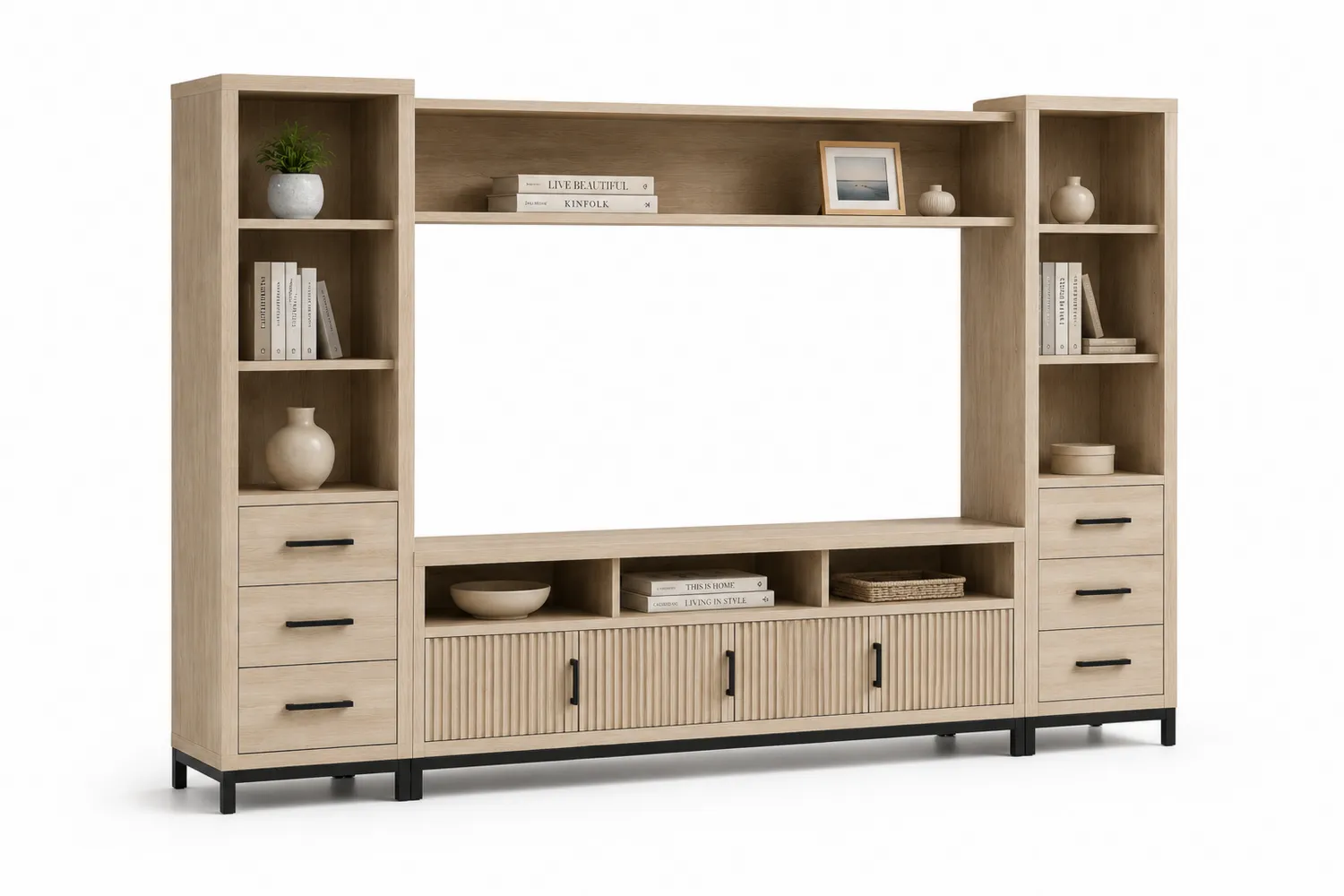 Centro de Entretenimiento de Madera MDF con Estantes y Cajones, 290 cm, Roble Claro-eltidorin