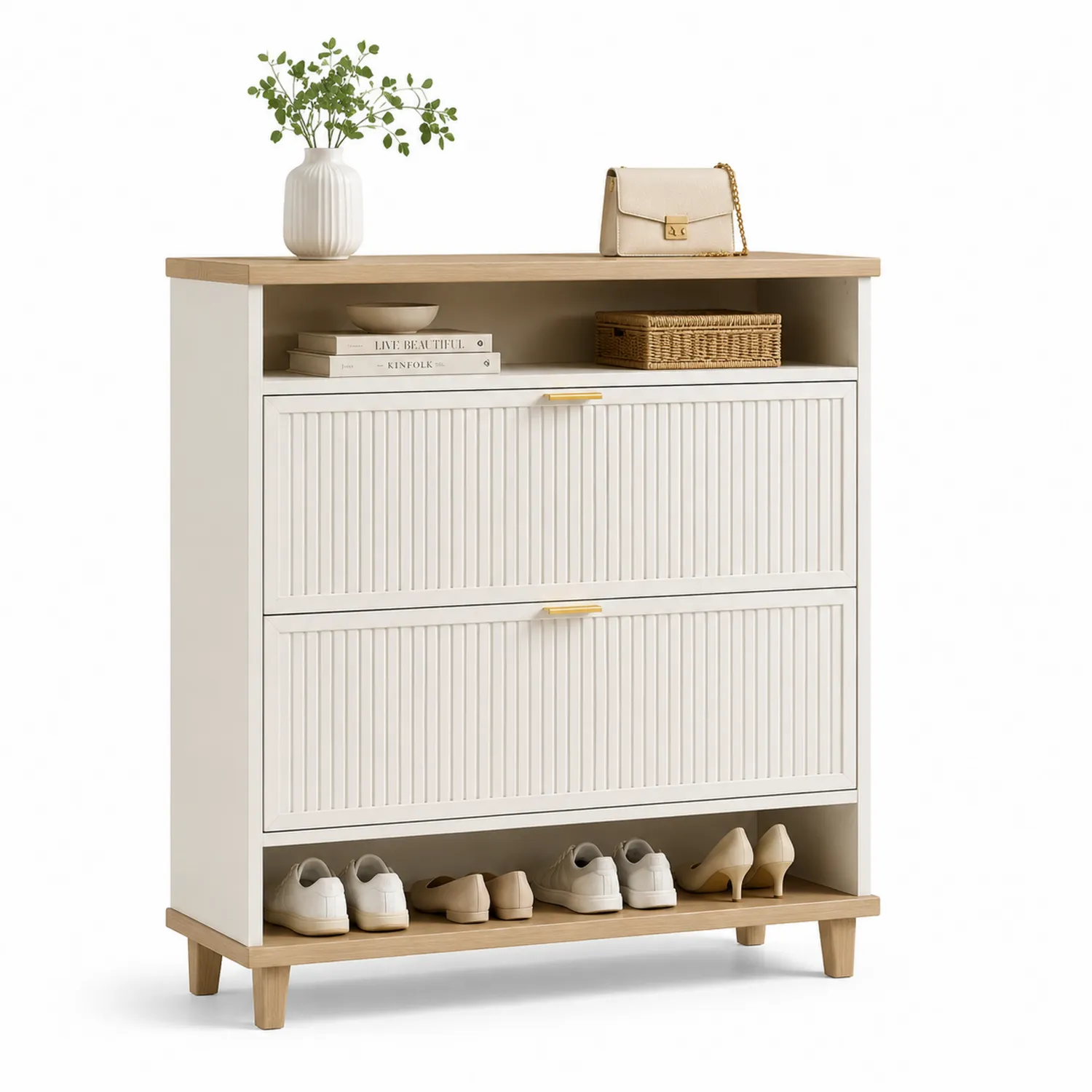 Zapatero de madera con tres compartimentos blanco y roble-eltidorin