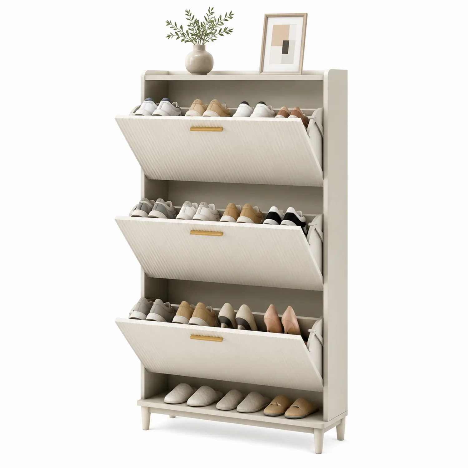 Zapatero de MDF con 3 compartimentos abatibles 120x60x24 cm Beige-eltidorin