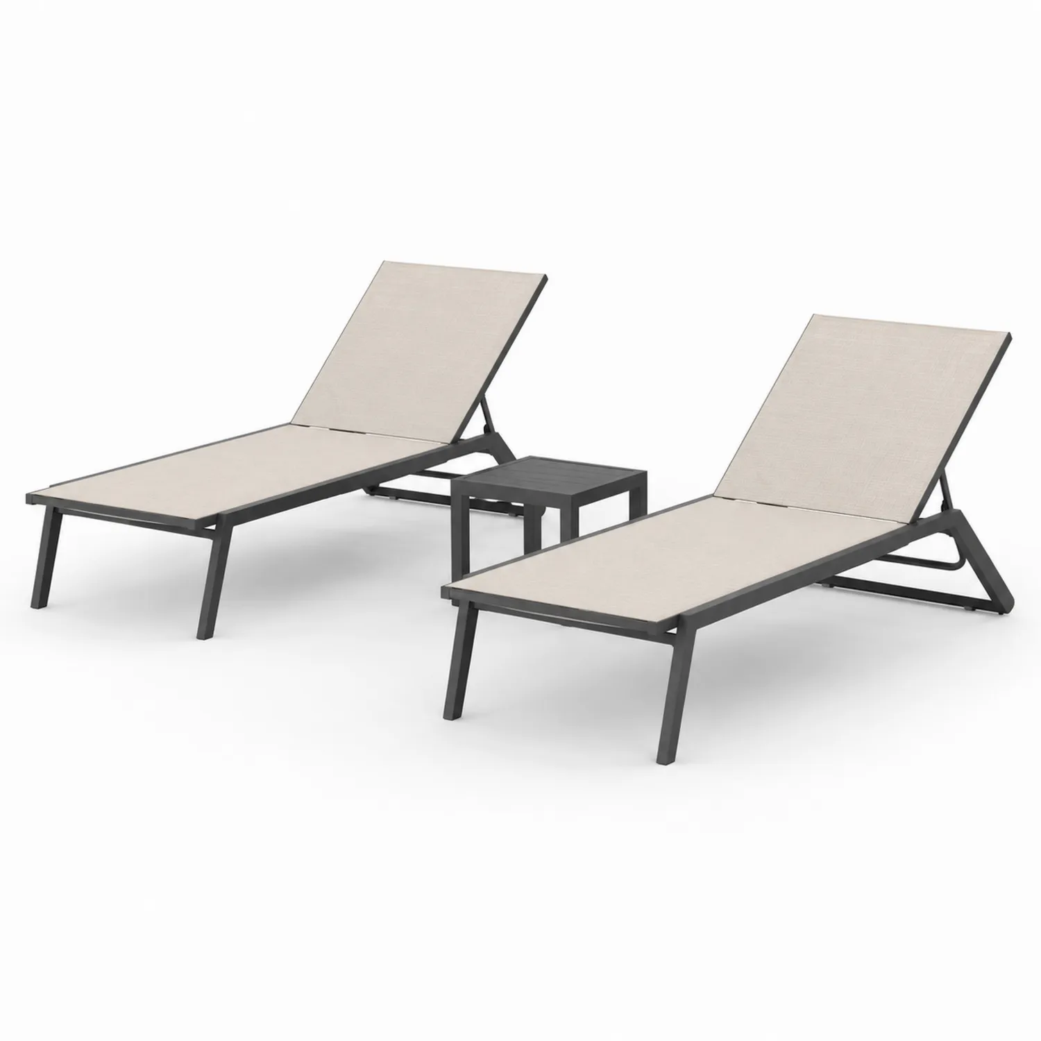 Conjunto de 2 tumbonas de aluminio y mesa auxiliar, Tela Beige y Estructura Negra-eltidorin