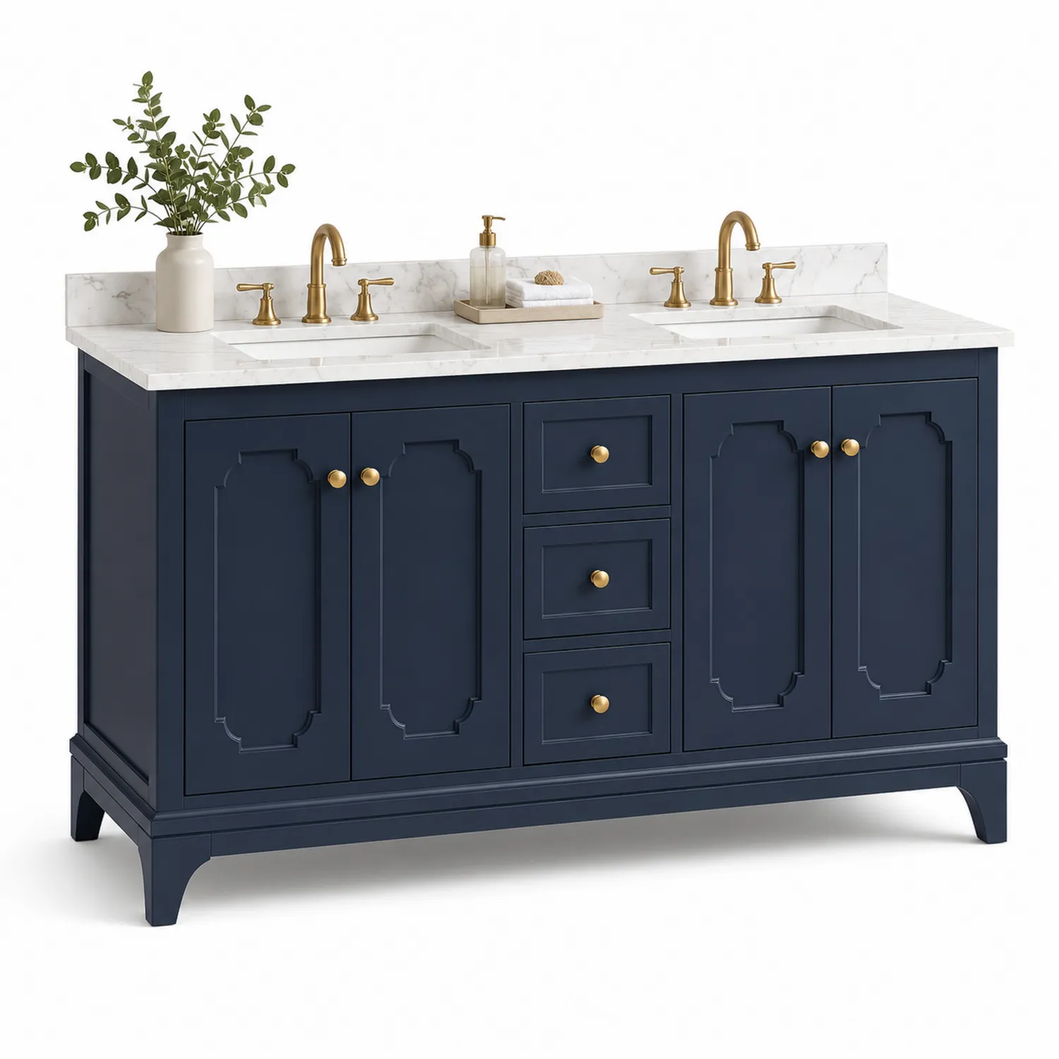 Mueble de lavabo doble de madera con encimera de mármol y lavabos-eltidorin