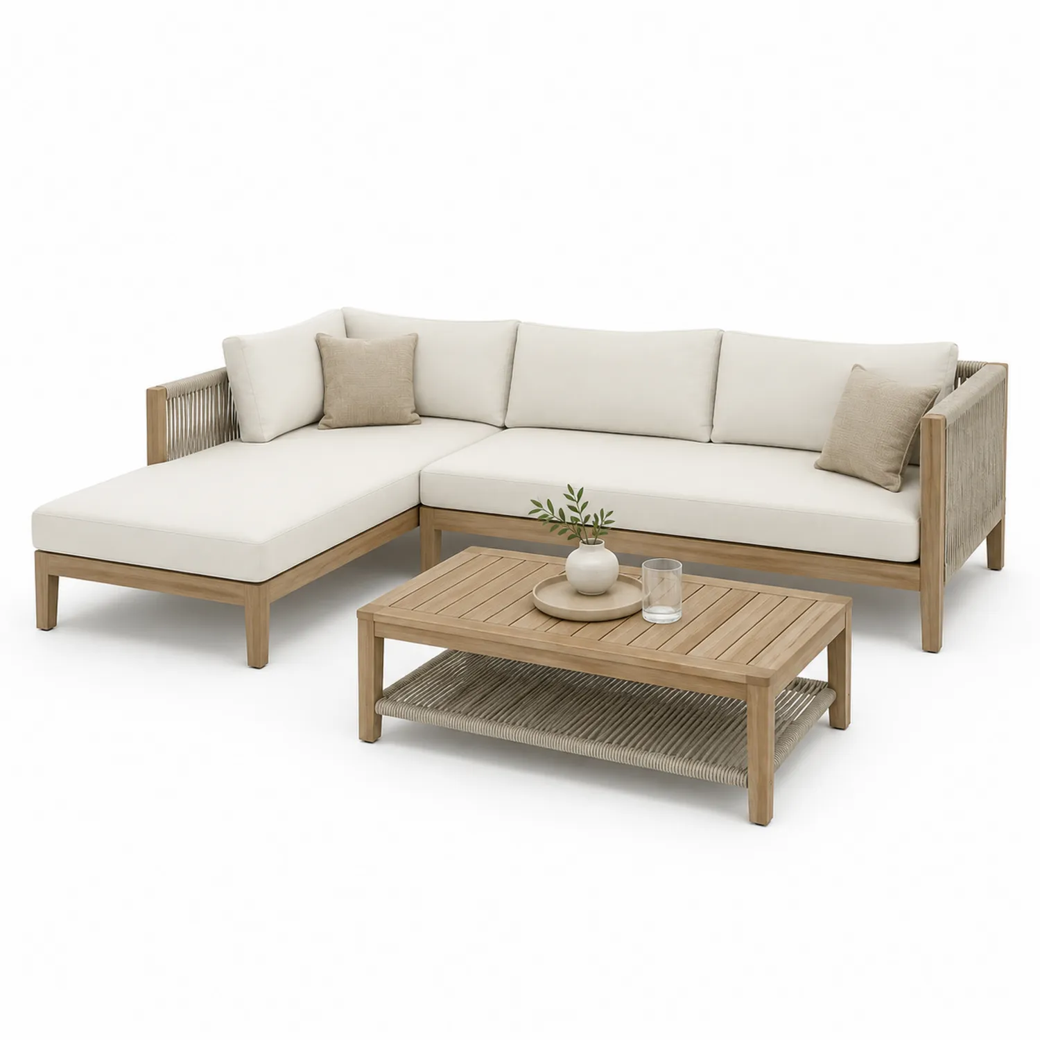 Conjunto de Sofá Esquinero de Teca y Mesa con Cojines Beige-eltidorin