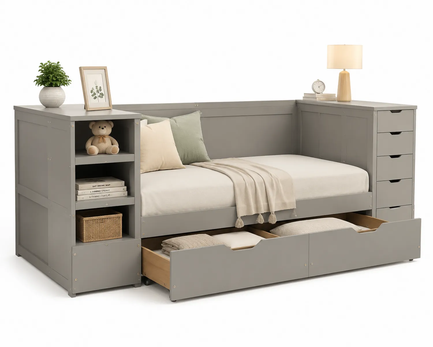 Cama de Día de Madera con Estantes y Cajones Gris-eltidorin