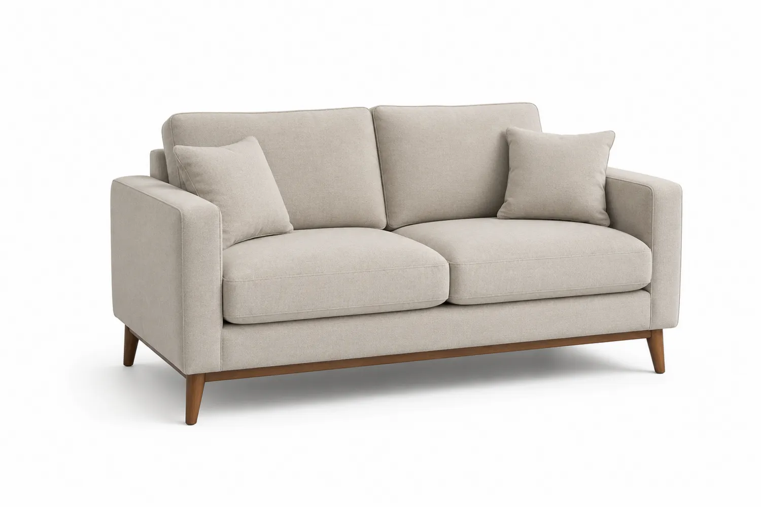 Sofá de tela beige de dos plazas con patas de madera-eltidorin