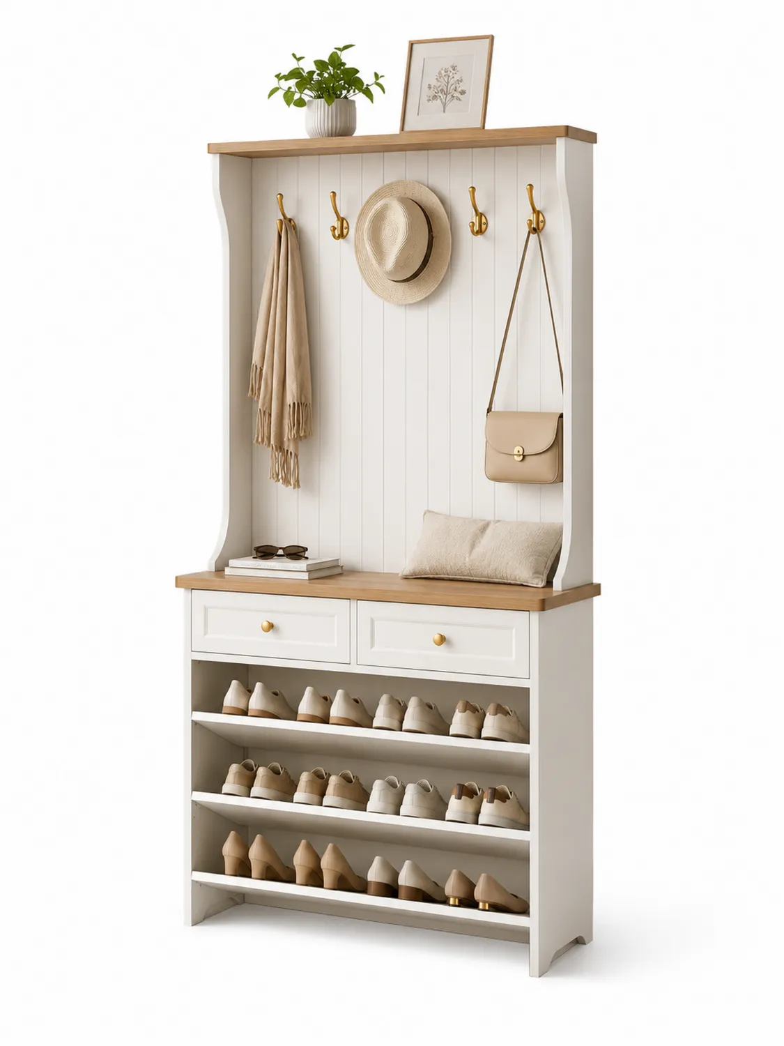 Perchero de Madera Blanca con Estantes para Zapatos y Ganchos Dorados-eltidorin