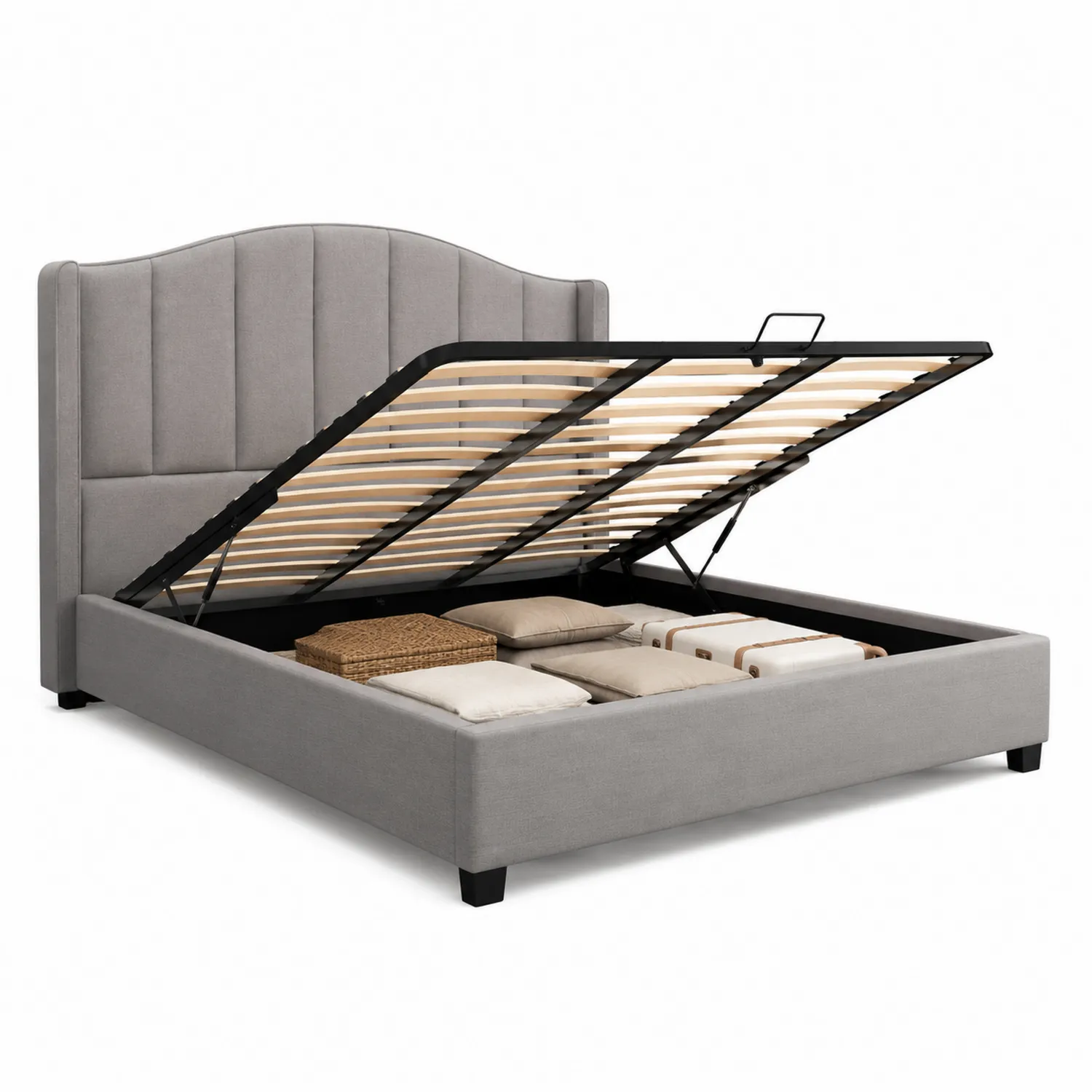 Cama con almacenamiento gris de poliéster, madera y metal 200x160 cm-eltidorin