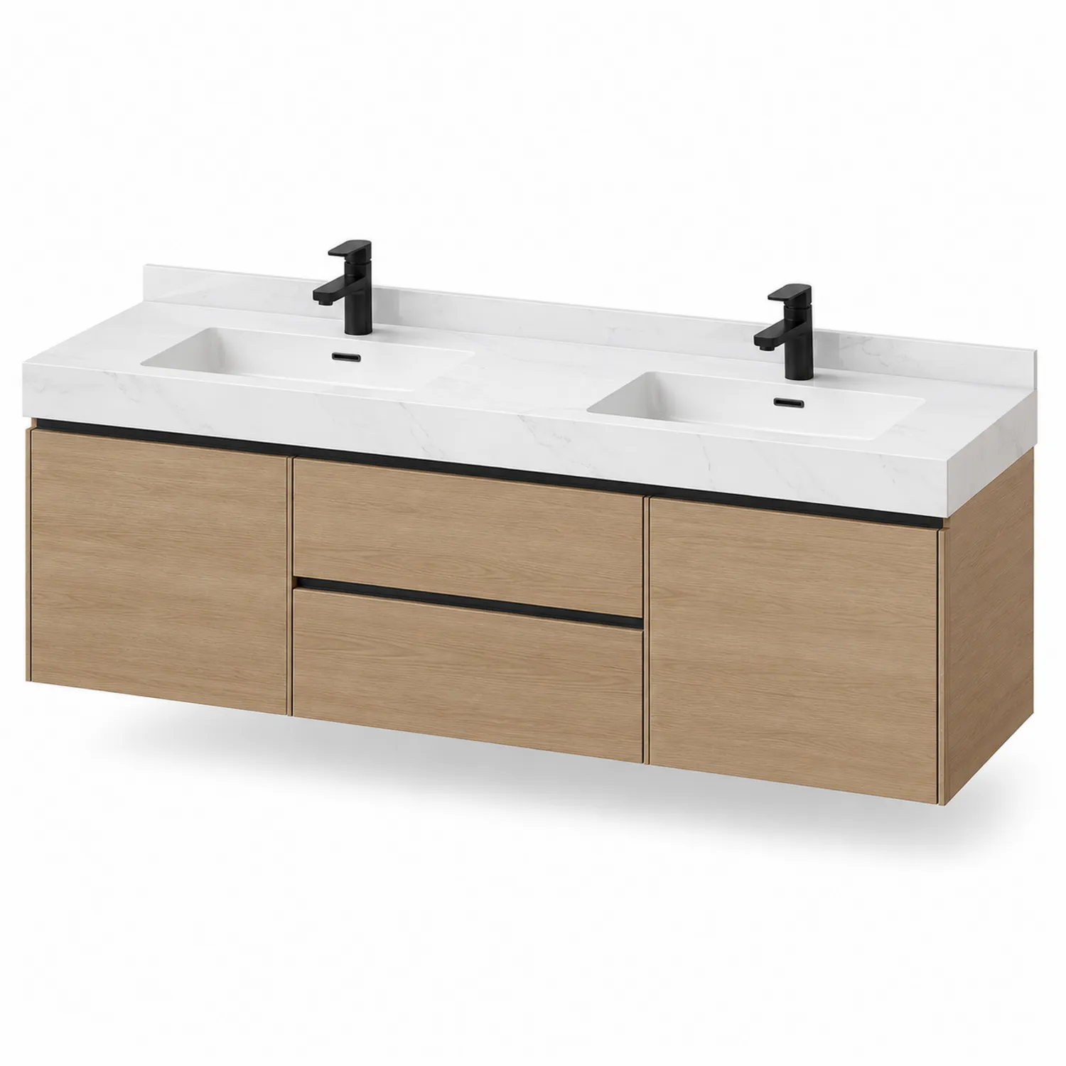 Mueble de lavabo montado en pared de madera de roble con doble lavabo de cerámica-eltidorin