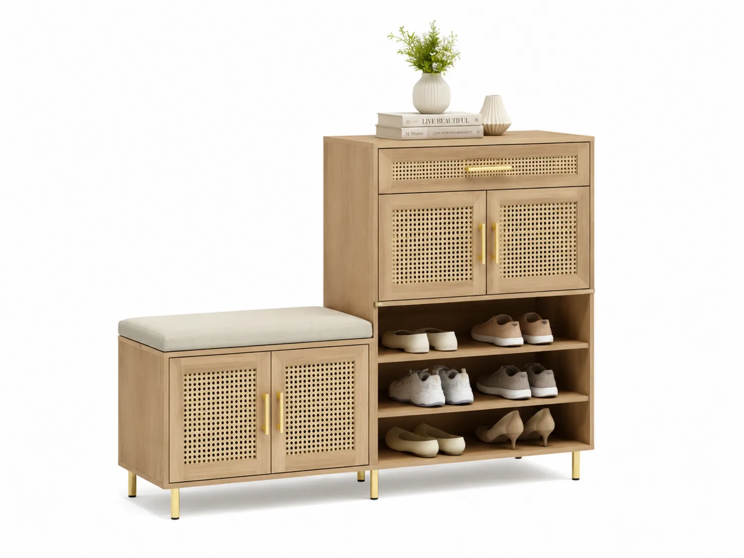 Conjunto de Mueble Zapatero de Madera y Ratan con Asiento Tapizado Beige-eltidorin