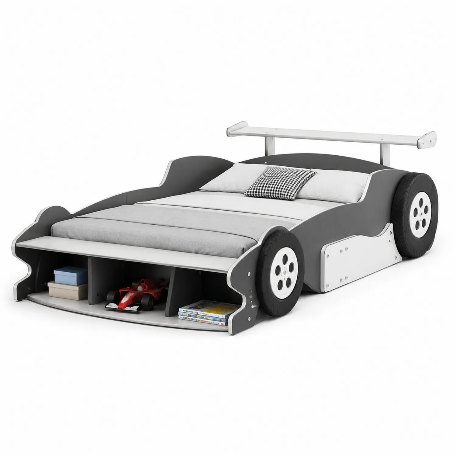 Cama infantil coche MDF y PVC 200x100 cm Gris y Blanco-eltidorin