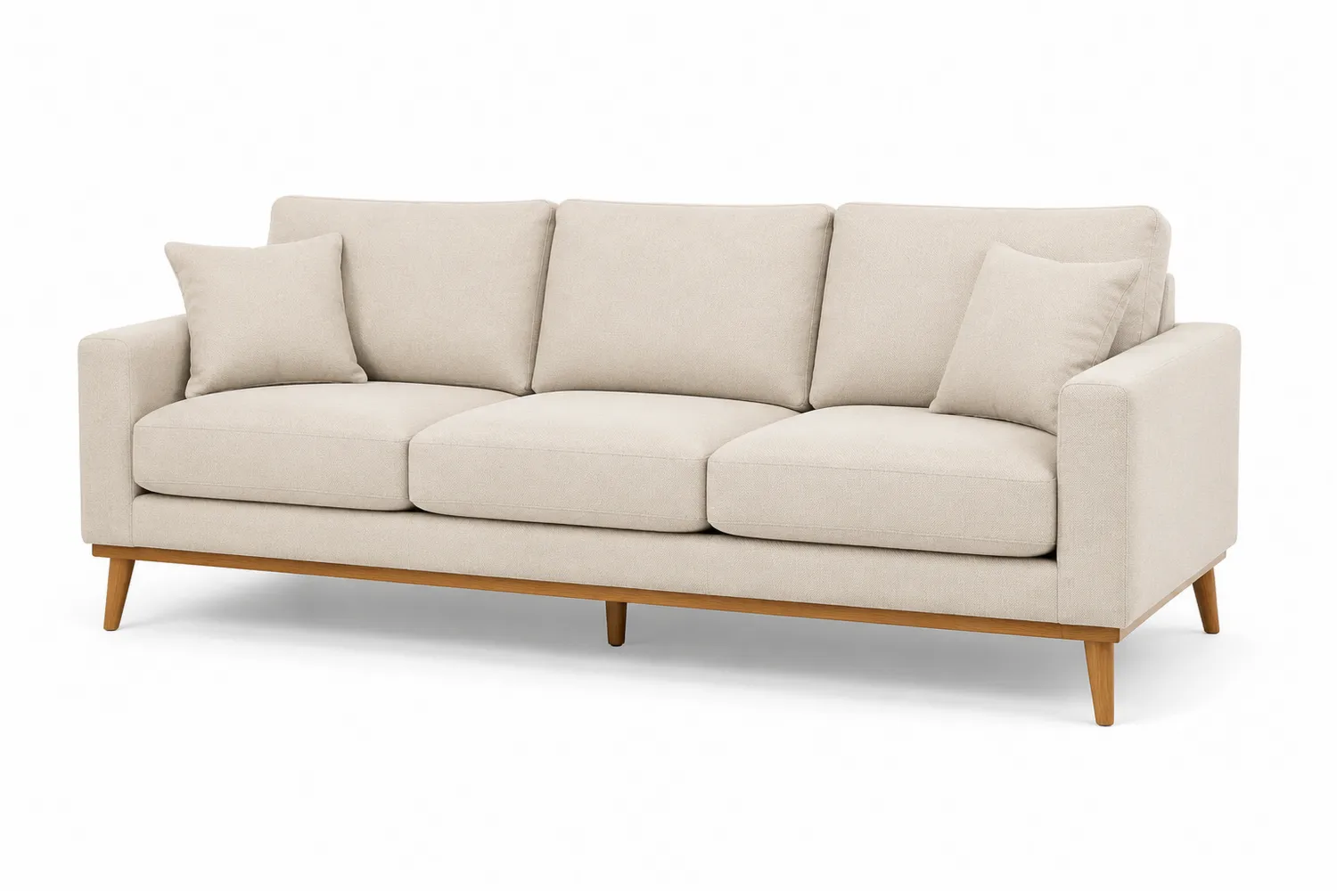 Sofá de tela beige de 3 plazas con patas de madera-eltidorin