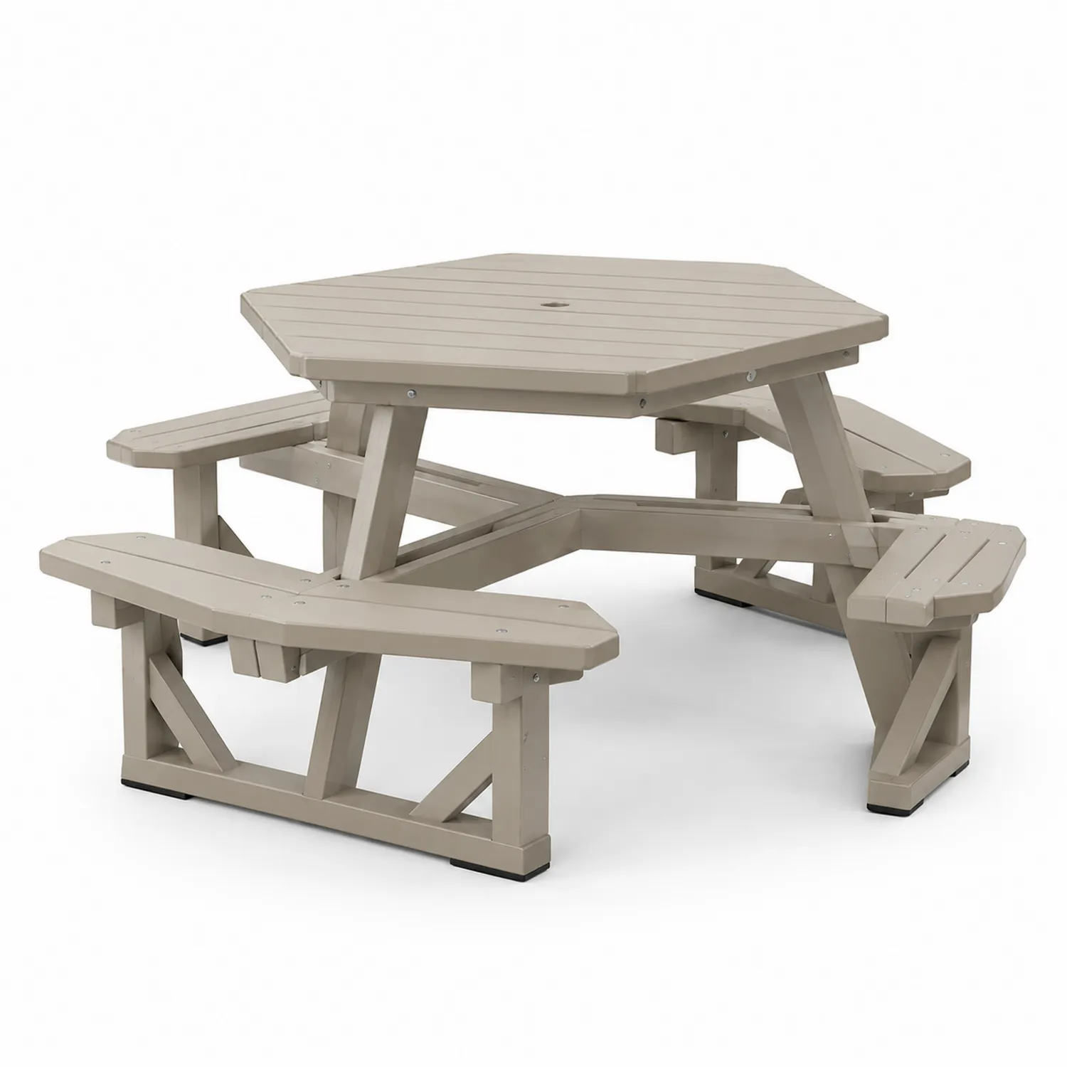 Mesa de picnic hexagonal para exterior de plástico reciclado beige con bancos integrados-eltidorin