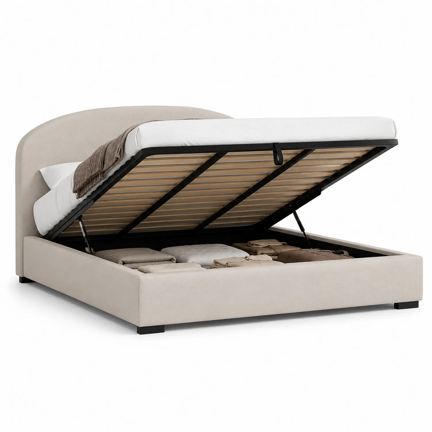 Cama de Almacenamiento Tapizada Beige con Sistema Elevable 200x150 cm-eltidorin