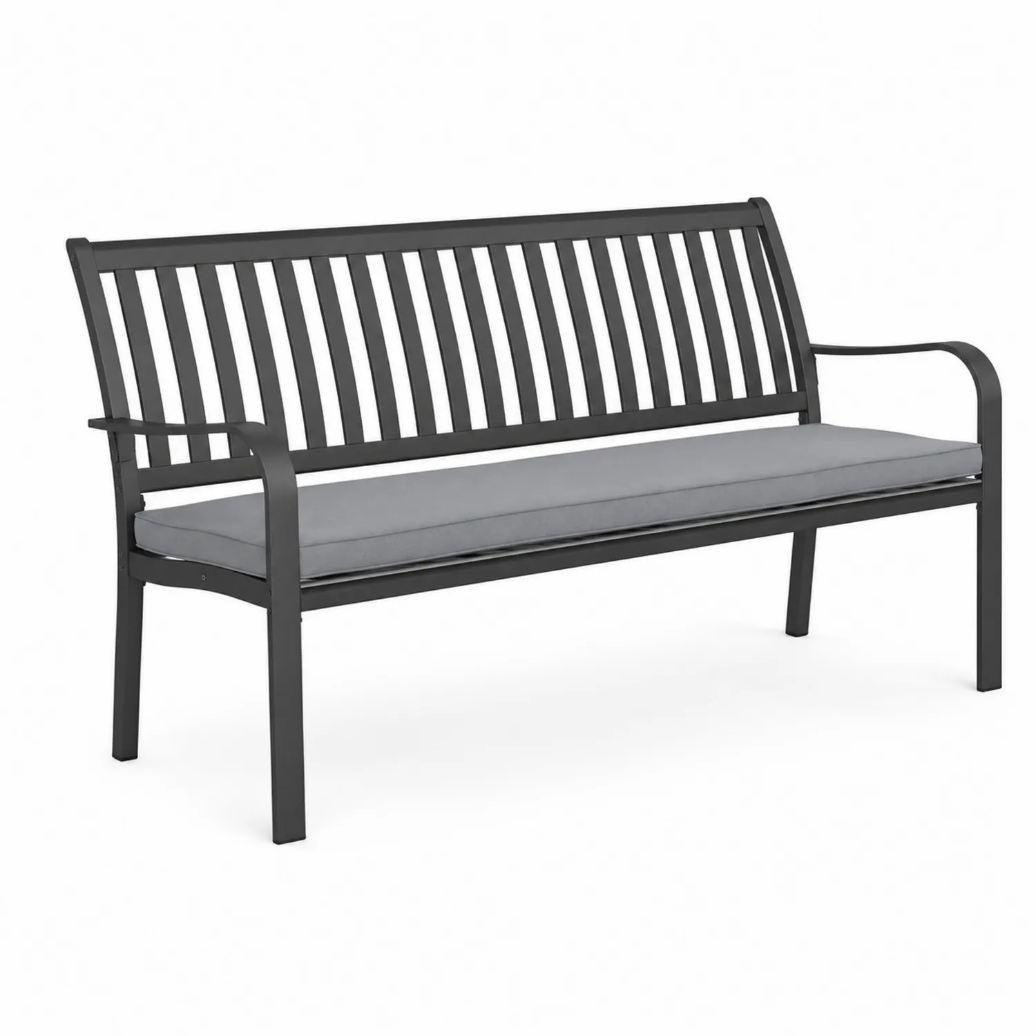 Banco de metal negro con cojín de poliéster gris para jardín-eltidorin