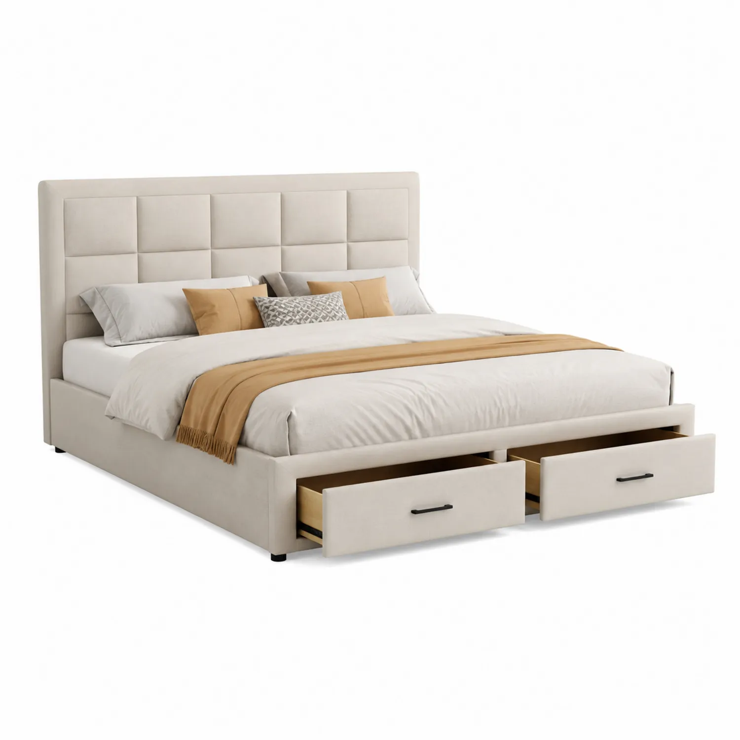 Cama tapizada en poliéster Beige con almacenamiento de 200x160 cm-eltidorin