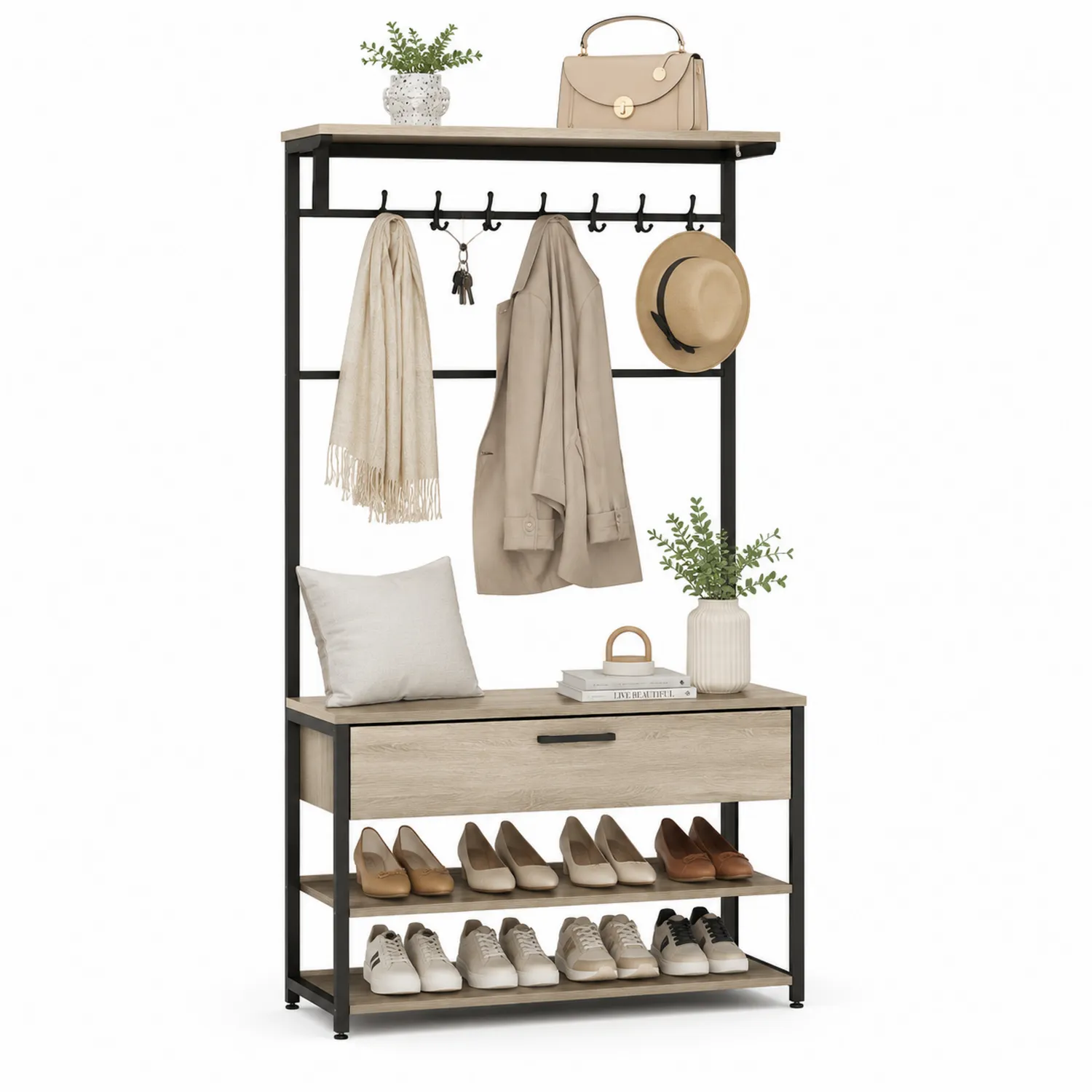 Perchero de Entrada de Metal y Madera con Zapatero y Ganchos 180x80x40 cm Negro y Roble-eltidorin